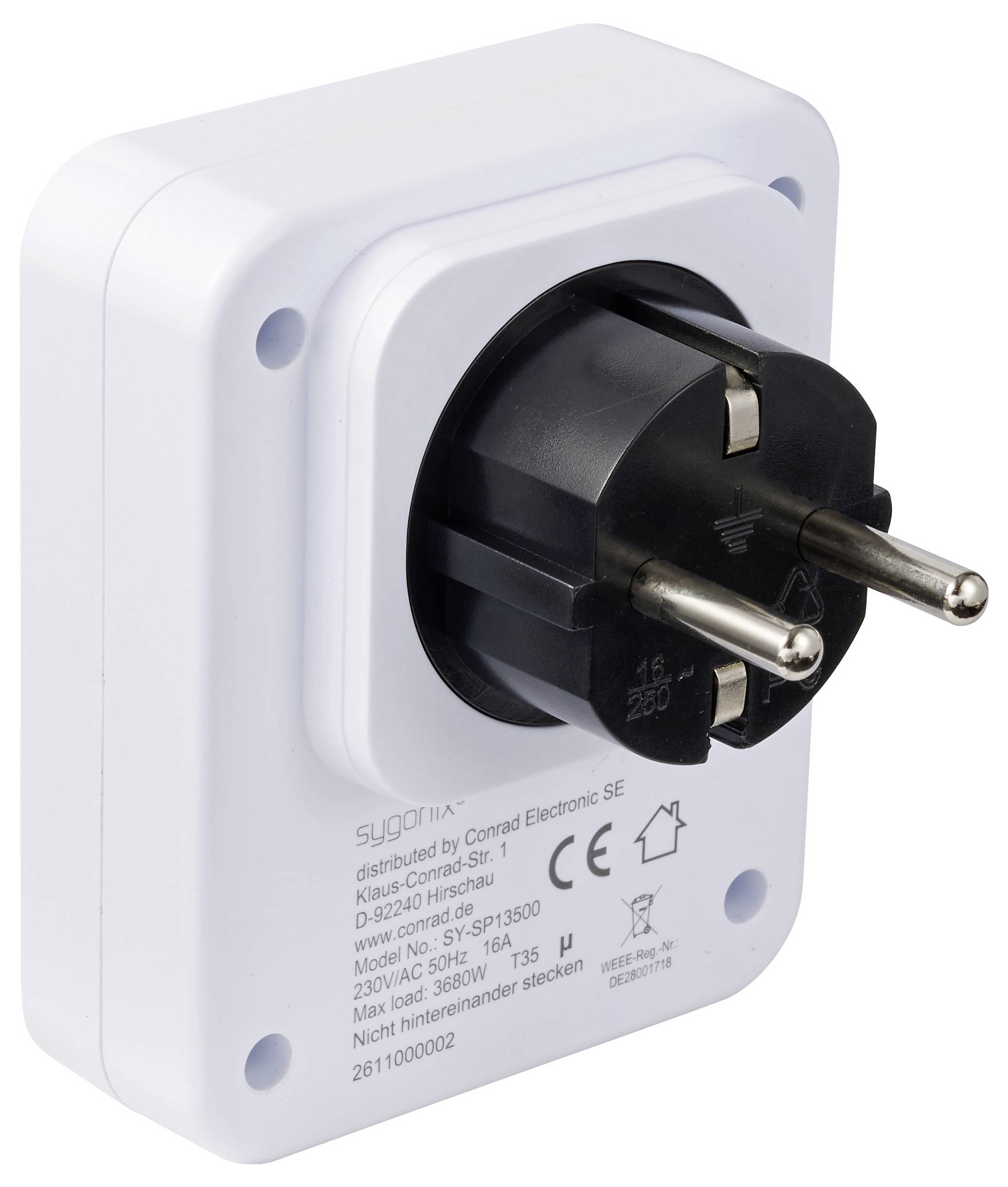 Ein weißer Stromstecker-Adapter mit einem schwarzen europäischen Zweipolstecker, der auf einem einfachen Hintergrund gezeigt wird.