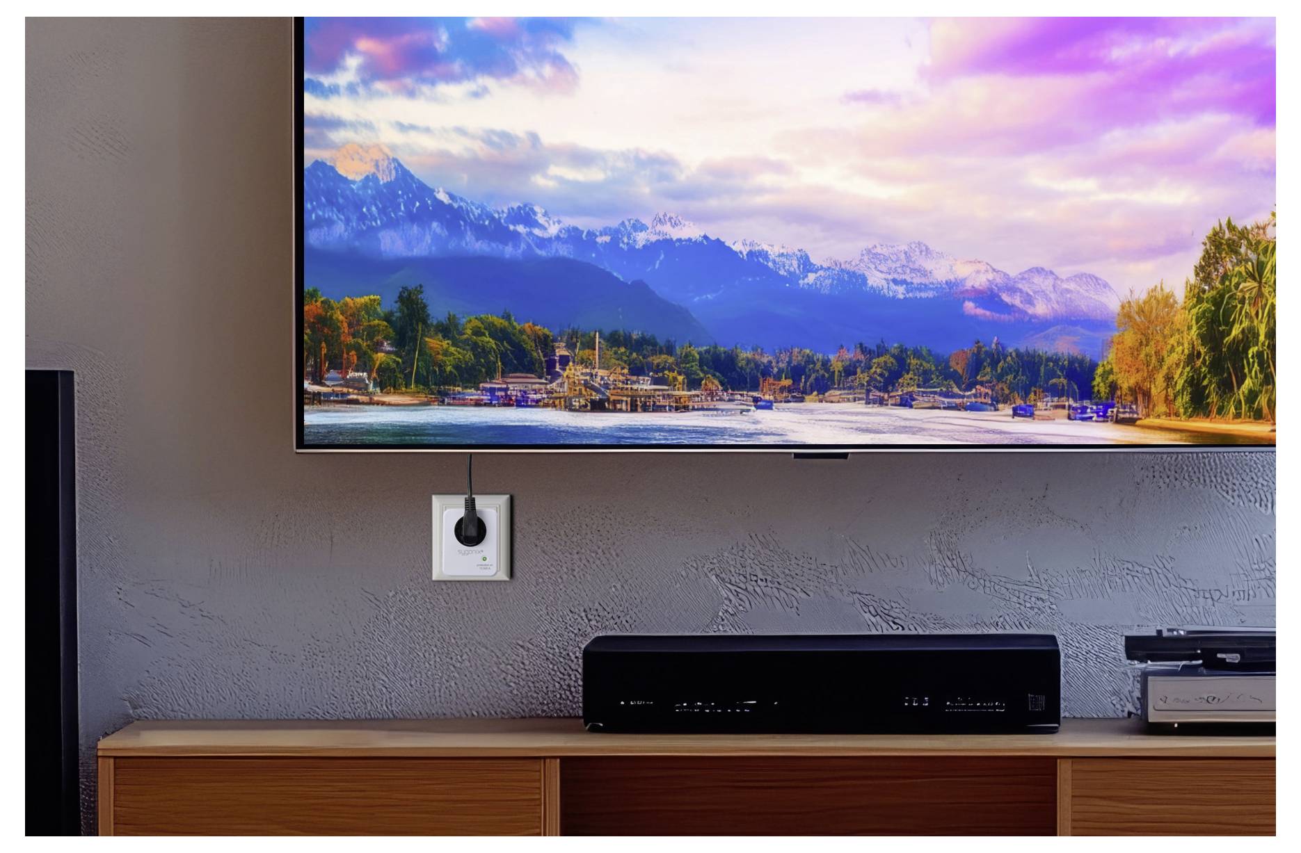 An der Wand montierter Fernseher, der eine lebendige Berg- und Seenlandschaft über einer Holzkonsole in einem Wohnzimmer anzeigt.