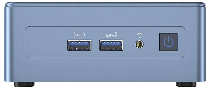 Ein kompaktes, blaues externes Festplattengehäuse mit zwei USB-3.0-Anschlüssen, Audioeingang und Einschaltknopf auf der Frontplatte.