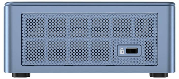 Ein blaues, gelochtes Metallpanel eines elektronischen Geräts mit einem Einschaltknopf auf der rechten Seite.