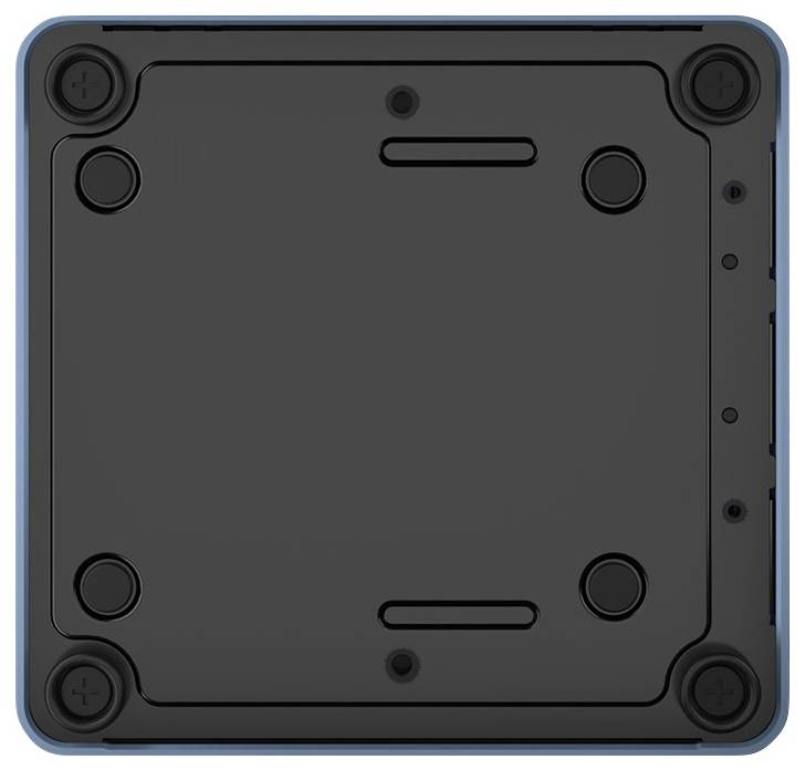 Die Abbildung zeigt die Unterseite eines quadratischen Geräts oder Gadgets mit abgerundeten Ecken, das über Gummifüße und sichtbare Schrauben für Stabilität verfügt.