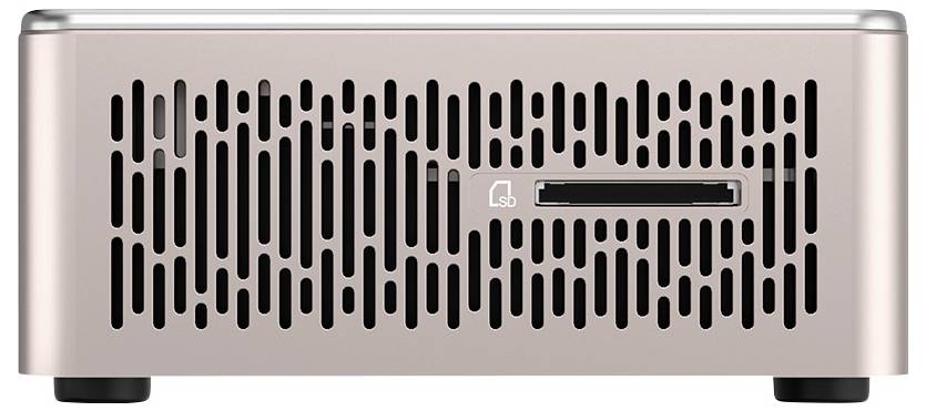 Ein kompaktes, roségoldfarbenes elektronisches Gerät mit Lüftungsschlitzen und einem Kartensteckplatz auf dem Frontpanel, möglicherweise ein Computer oder Mediengerät.