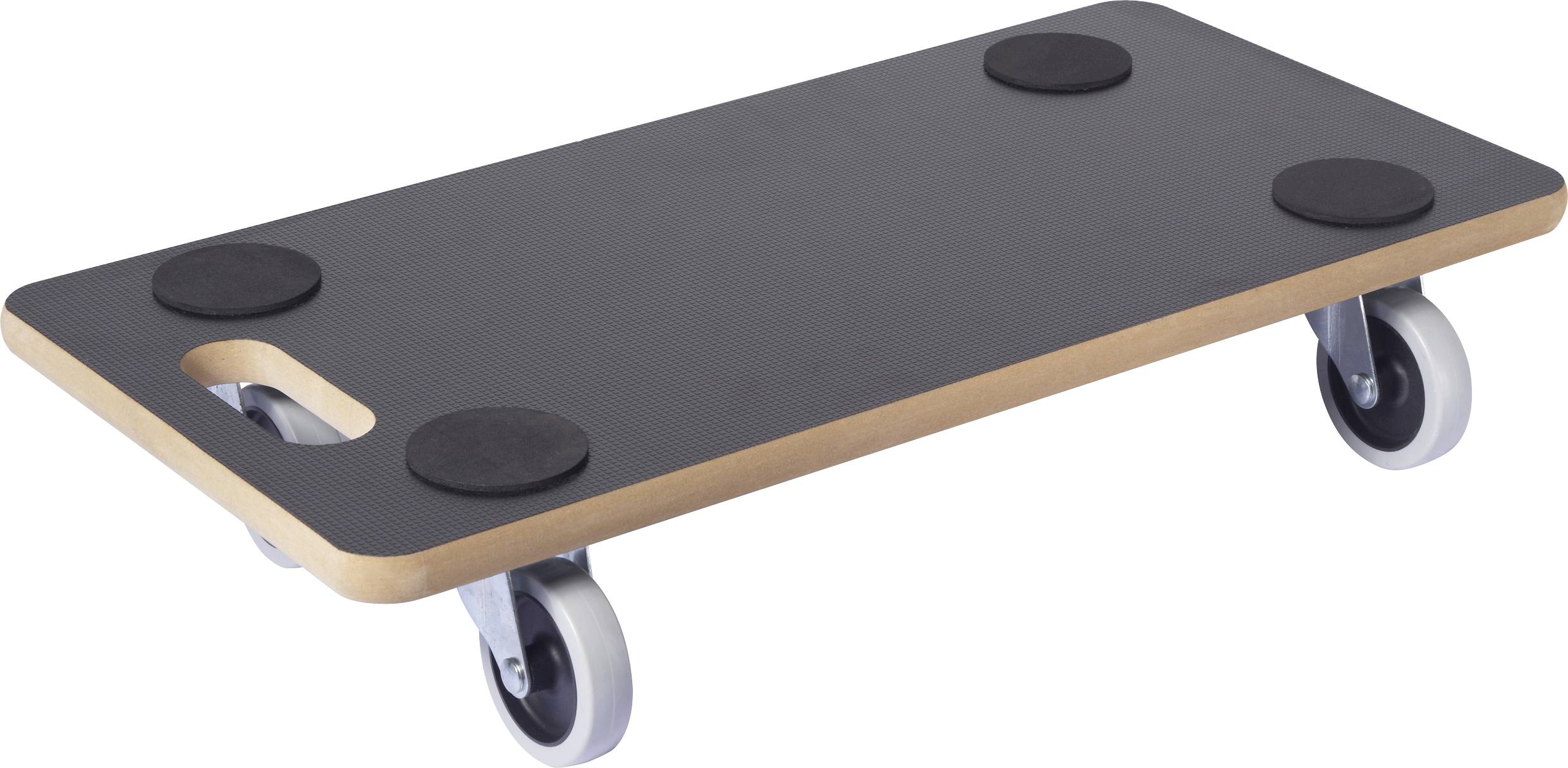 Ein flaches, rechteckiges schwarzes Transportwagen mit vier Rädern und vier kreisförmigen Antirutschpolstern auf der Oberseite. Entwickelt zum Transport schwerer Gegenstände.