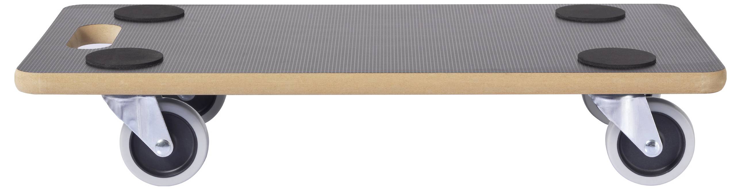 Ein flacher, fahrbarer Rollwagen mit strukturierter Oberfläche und kreisförmigen Rutschsicherungspolstern, der zum Transport schwerer Gegenstände verwendet wird.