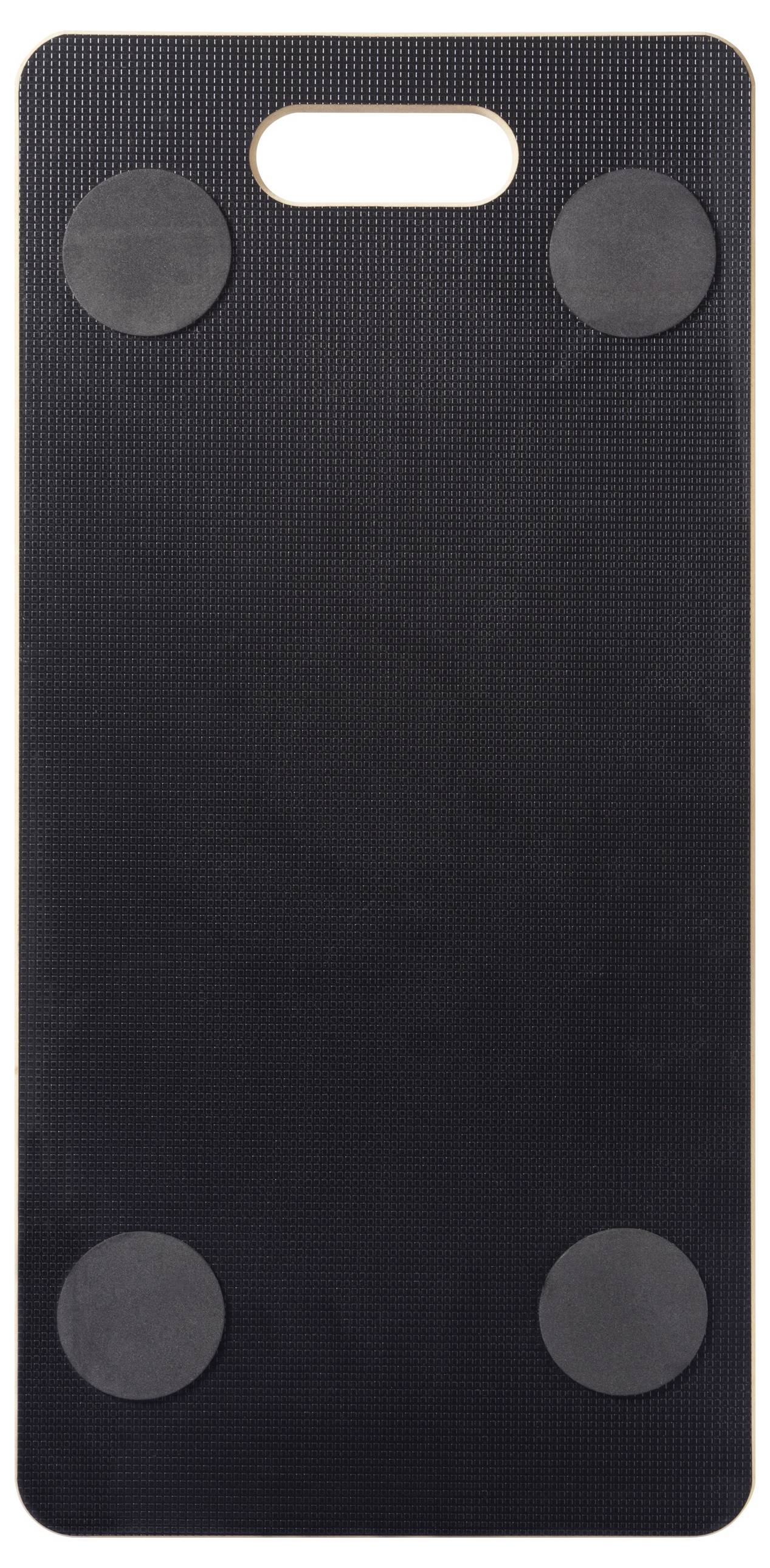 Ein schwarzes rechteckiges Balanceboard mit vier runden Pads und einer Griffaussparung oben für Stabilität und Trainingsgebrauch.