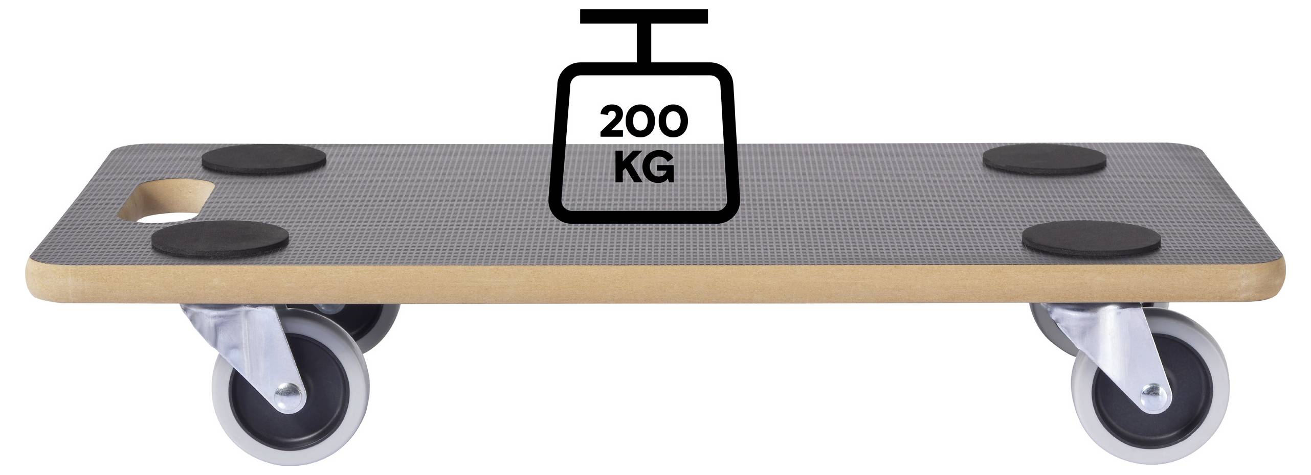 Eine flache, rädrige Plattform zum Bewegung schwerer Gegenstände, gekennzeichnet mit einer Tragfähigkeit von 200 kg, mit einer robusten Plattform und vier Lenkrollen.