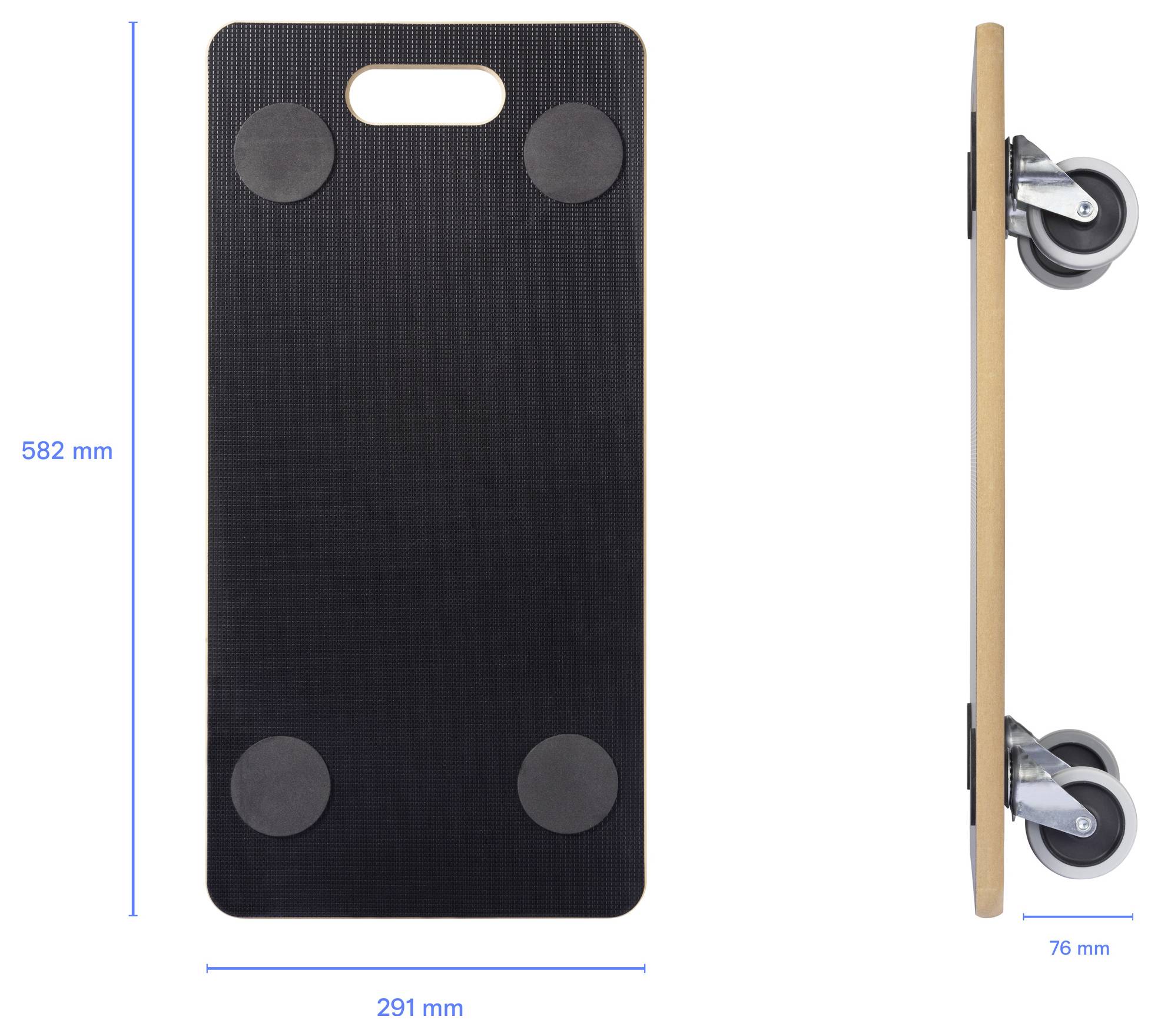Schwarze rechteckige Plattform mit vier runden Stützen, Griffen und Rädern. Abmessungen: 582 mm Höhe, 291 mm Breite, 76 mm Tiefe.