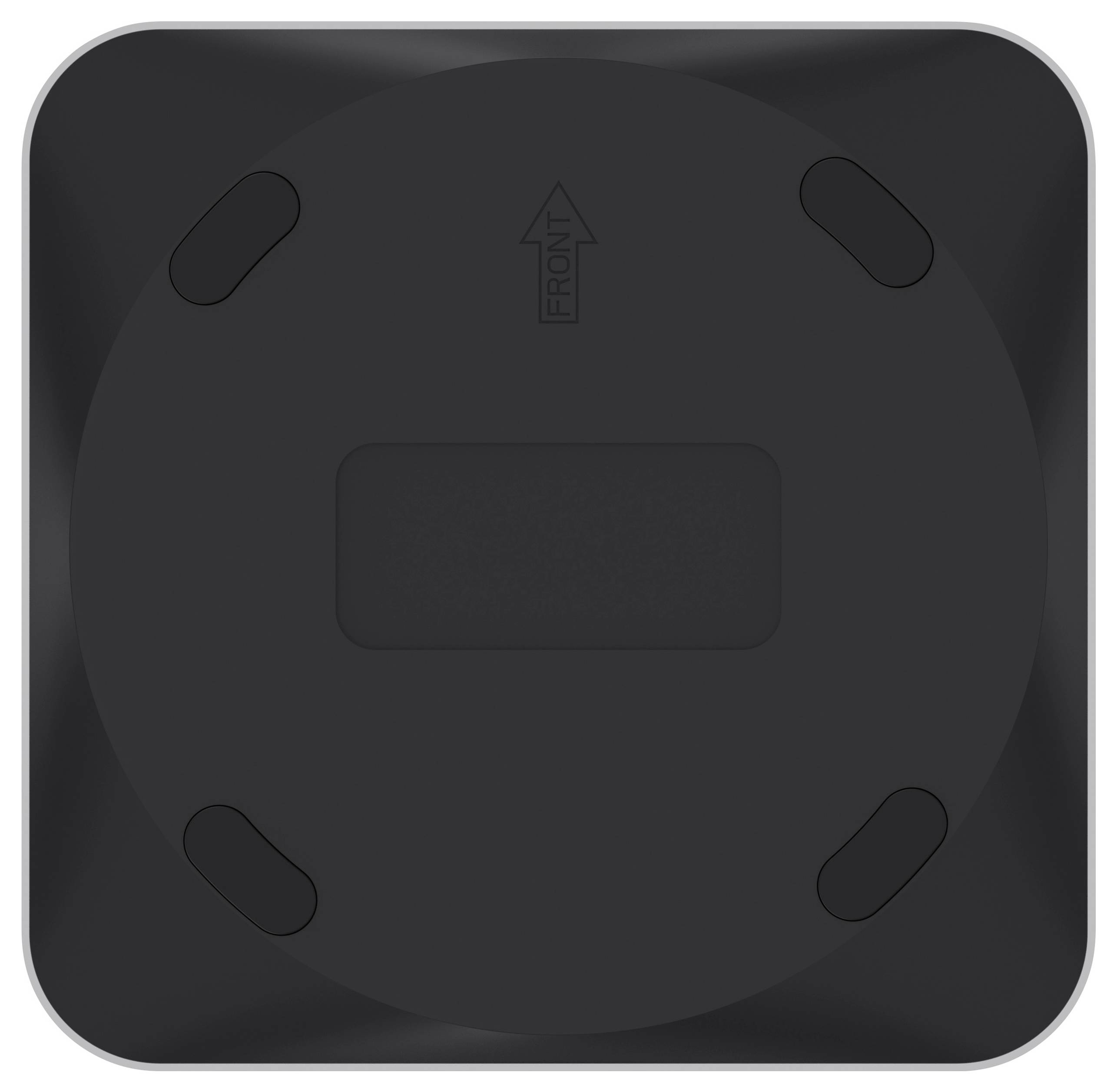 Ein schwarzes, quadratisches Pad mit abgerundeten Ecken und einem zentralen kreisförmigen Element mit vier kleinen Pads. Ein Pfeil kennzeichnet die 