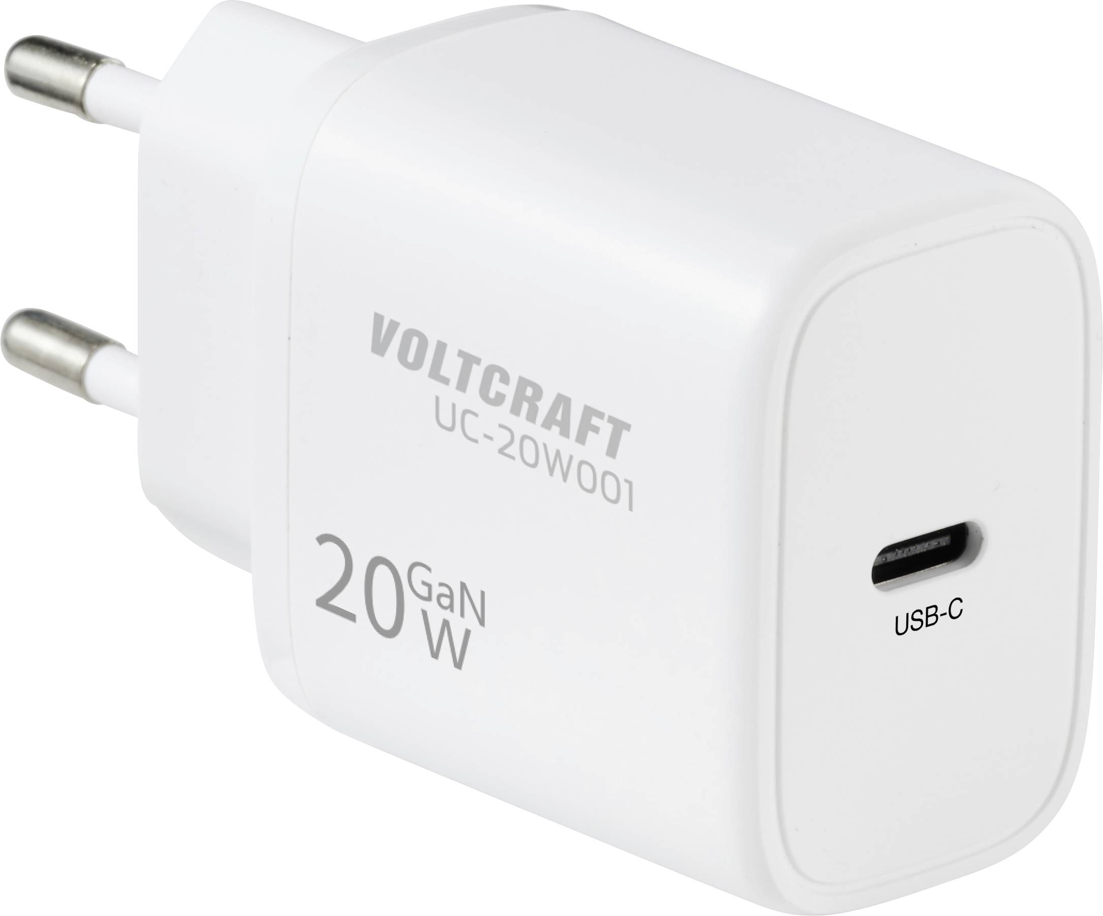 Ein weißes USB-C-Wandladegerät mit der Aufschrift „VOLTCRAFT 20 GaN W