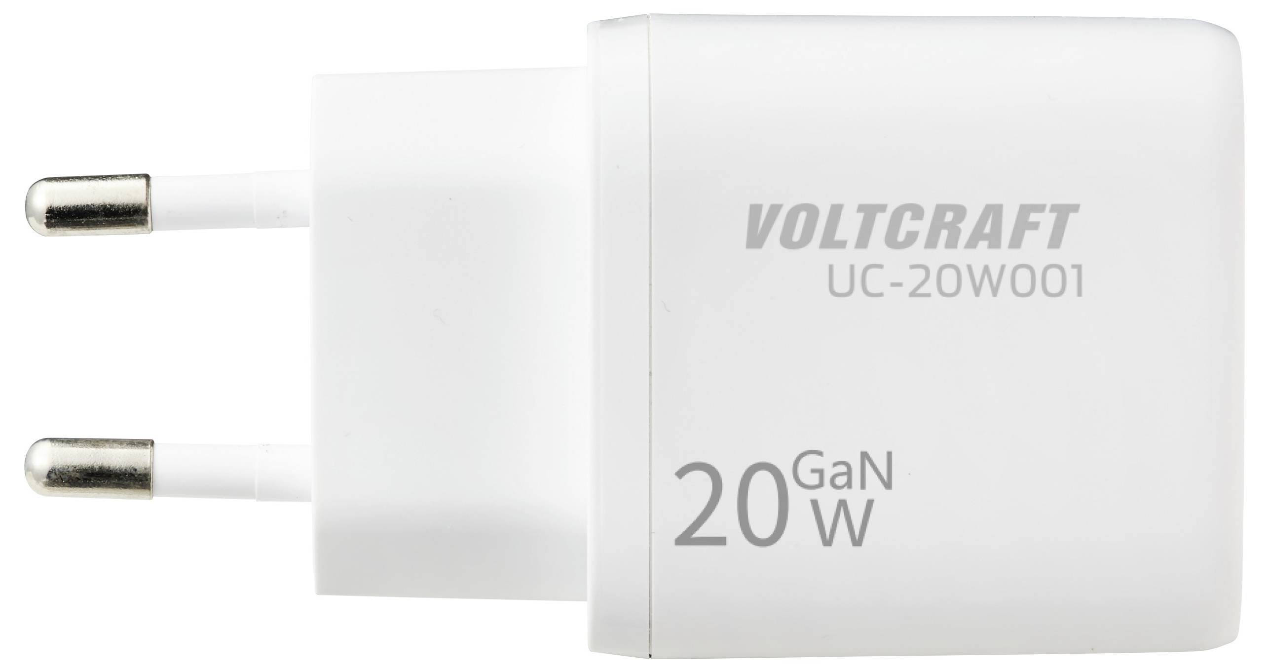 Ein weißes Ladegerät mit zwei runden Stiften, gekennzeichnet mit 