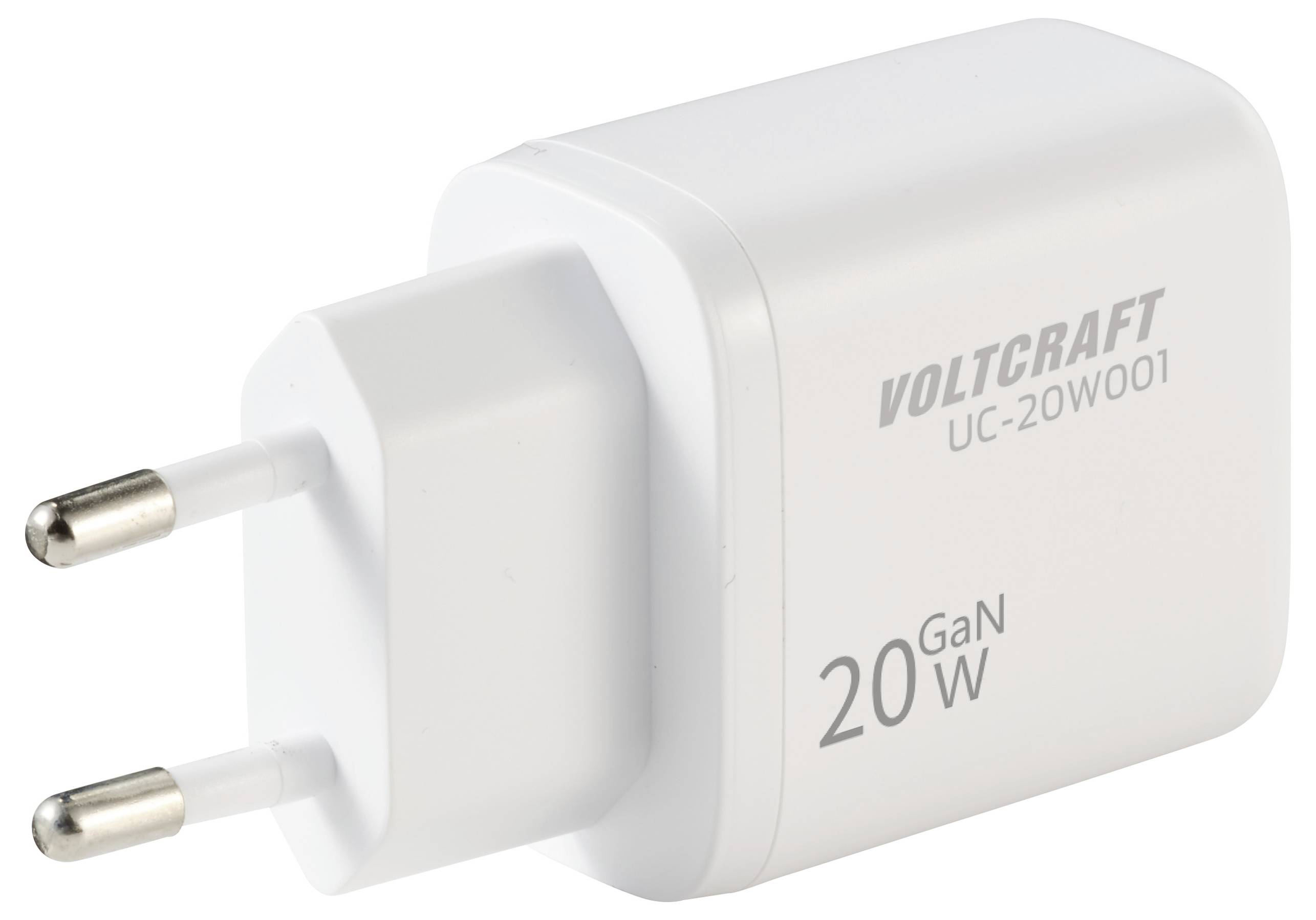 Ein weißes Voltcraft 20W GaN-Wandladegerät mit europäischem Stecker, Modell UC-20W001, entwickelt für effizientes Schnellladen.