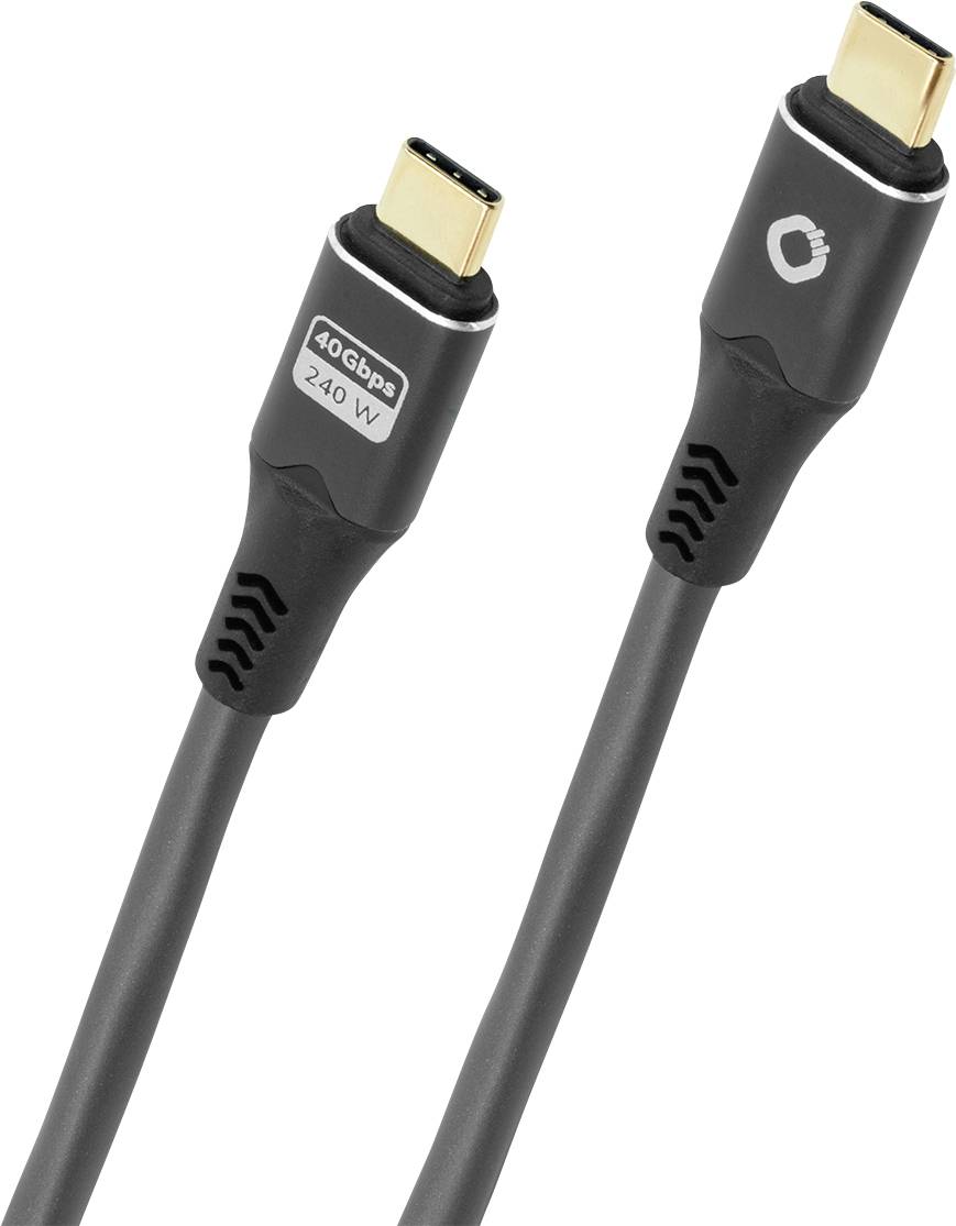 Zwei schwarze USB-C-Kabel mit Etiketten, die „40 Gbit/s