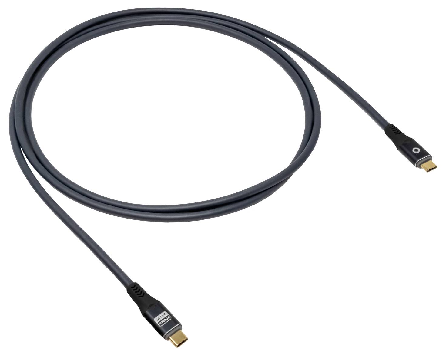 Ein schwarzes HDMI-Kabel mit goldenen Anschlüssen ist zu einer Schleife gewickelt.