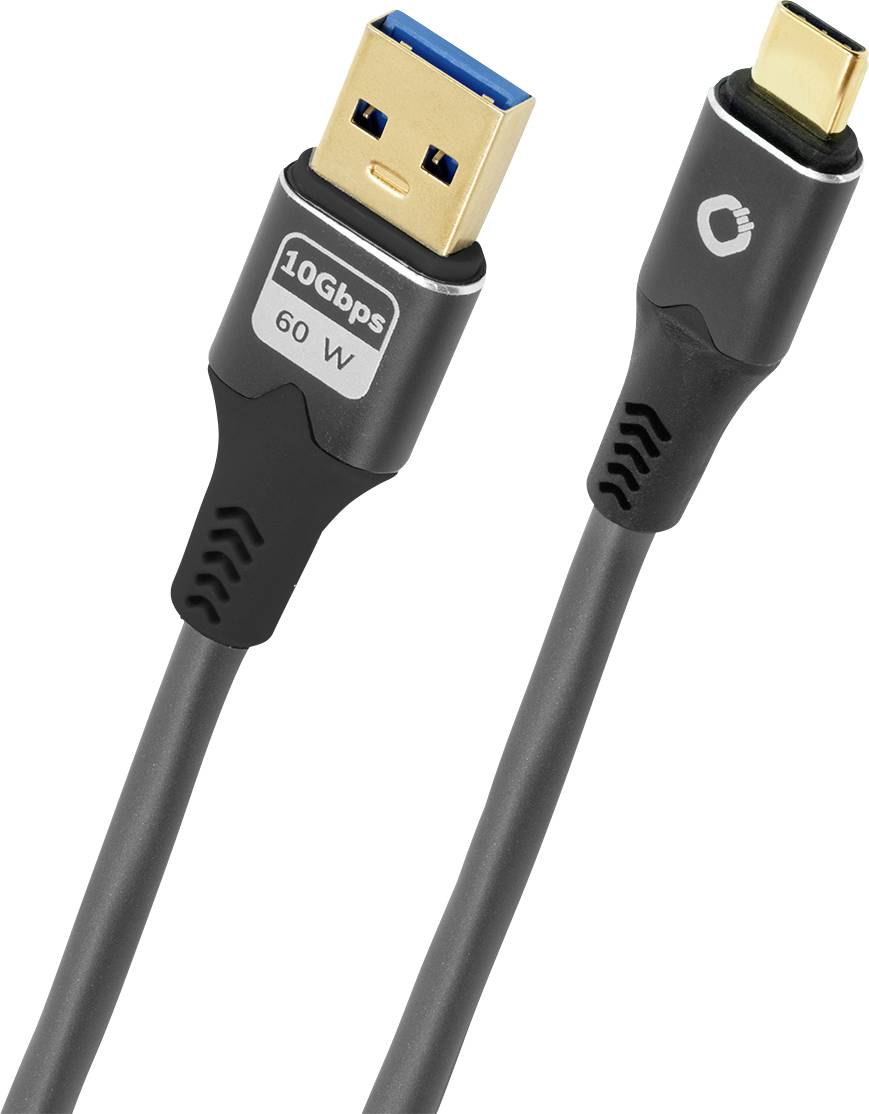 USB Typ-A auf Typ-C Kabel mit der Beschriftung '10Gbps 60W', in schwarzem Design mit goldenen Anschlüssen, was auf einen High-Speed-Datentransfer hinweist.