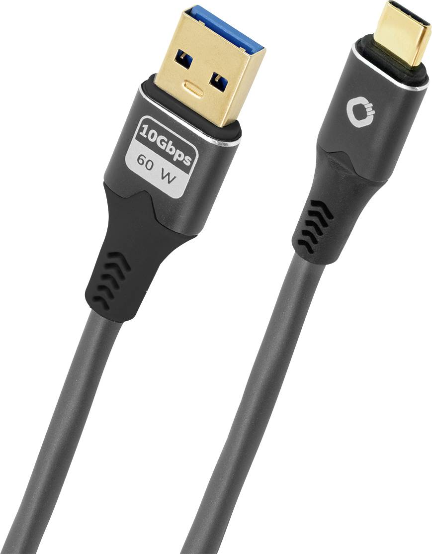 Ein schwarzes USB-Kabel mit einem USB-A-Anschluss auf der einen und einem USB-C-Anschluss auf der anderen Seite; gekennzeichnet mit 10Gbps, 60W.