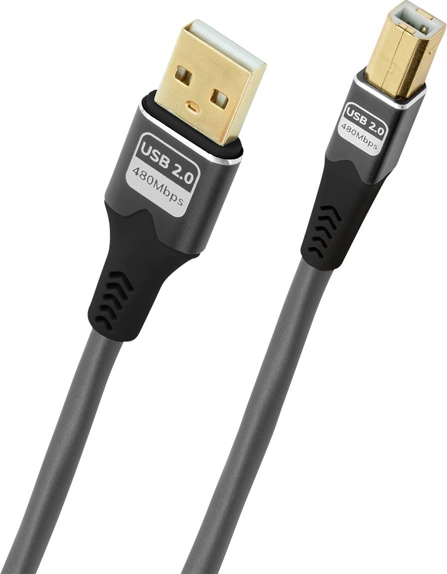 Ein USB 2.0-Kabel mit vergoldeten Anschlüssen, an einem Ende ein Standard-USB-A und am anderen Ende ein USB-B-Typ, mit der Aufschrift '480 Mbit/s'.