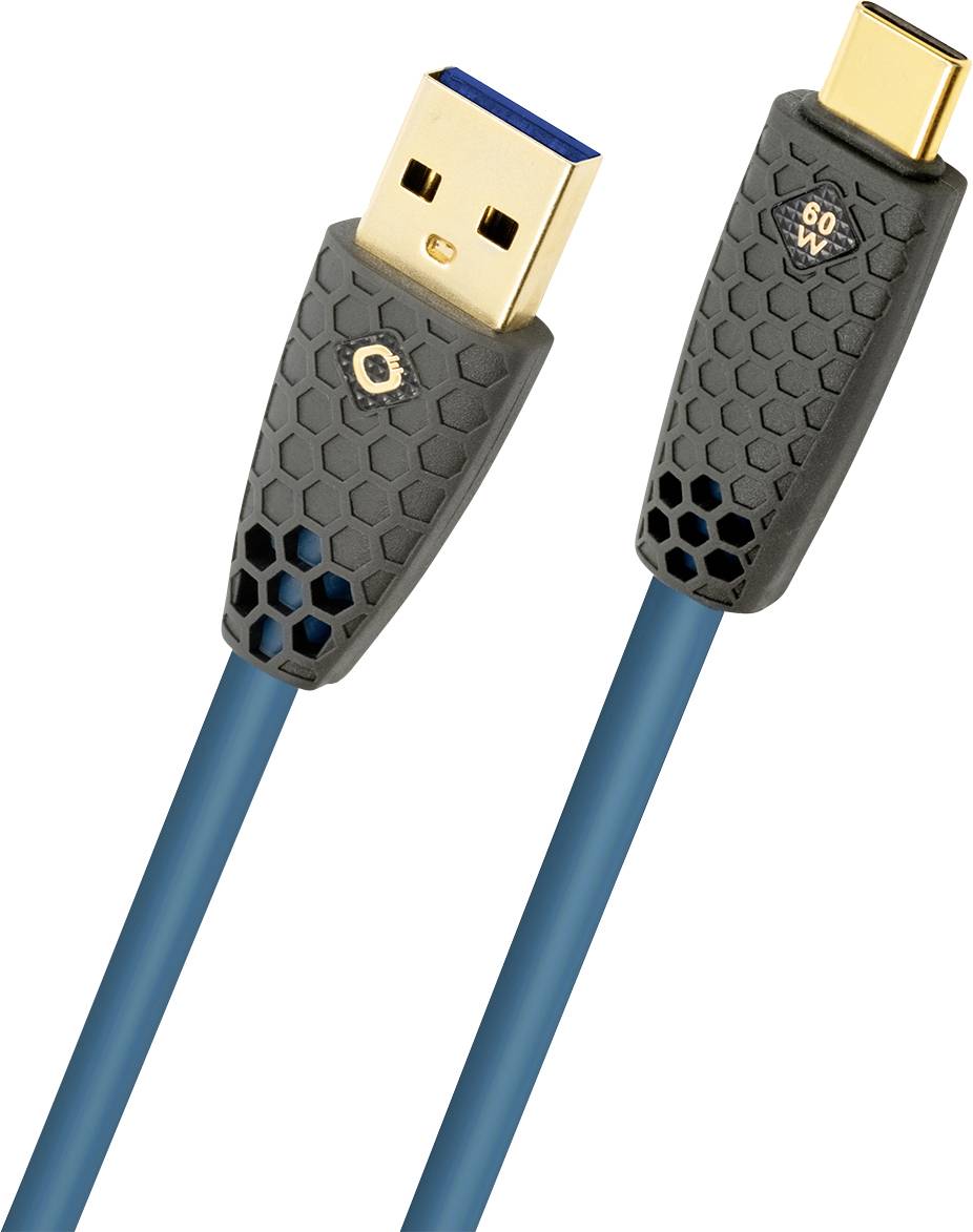 Ein blaues USB-Kabel mit einem vergoldeten USB-A-Stecker auf der einen Seite und einem mit '60W' gekennzeichneten USB-C-Stecker auf der anderen Seite.