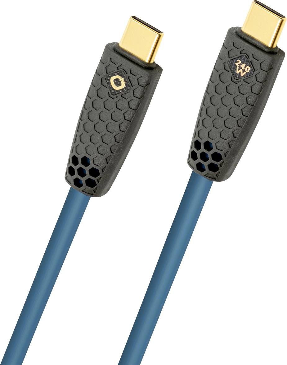 Zwei USB-C-Kabel mit strukturierten schwarzen Griffen und blauen Leitungen, die jeweils goldene Anschlüsse aufweisen.