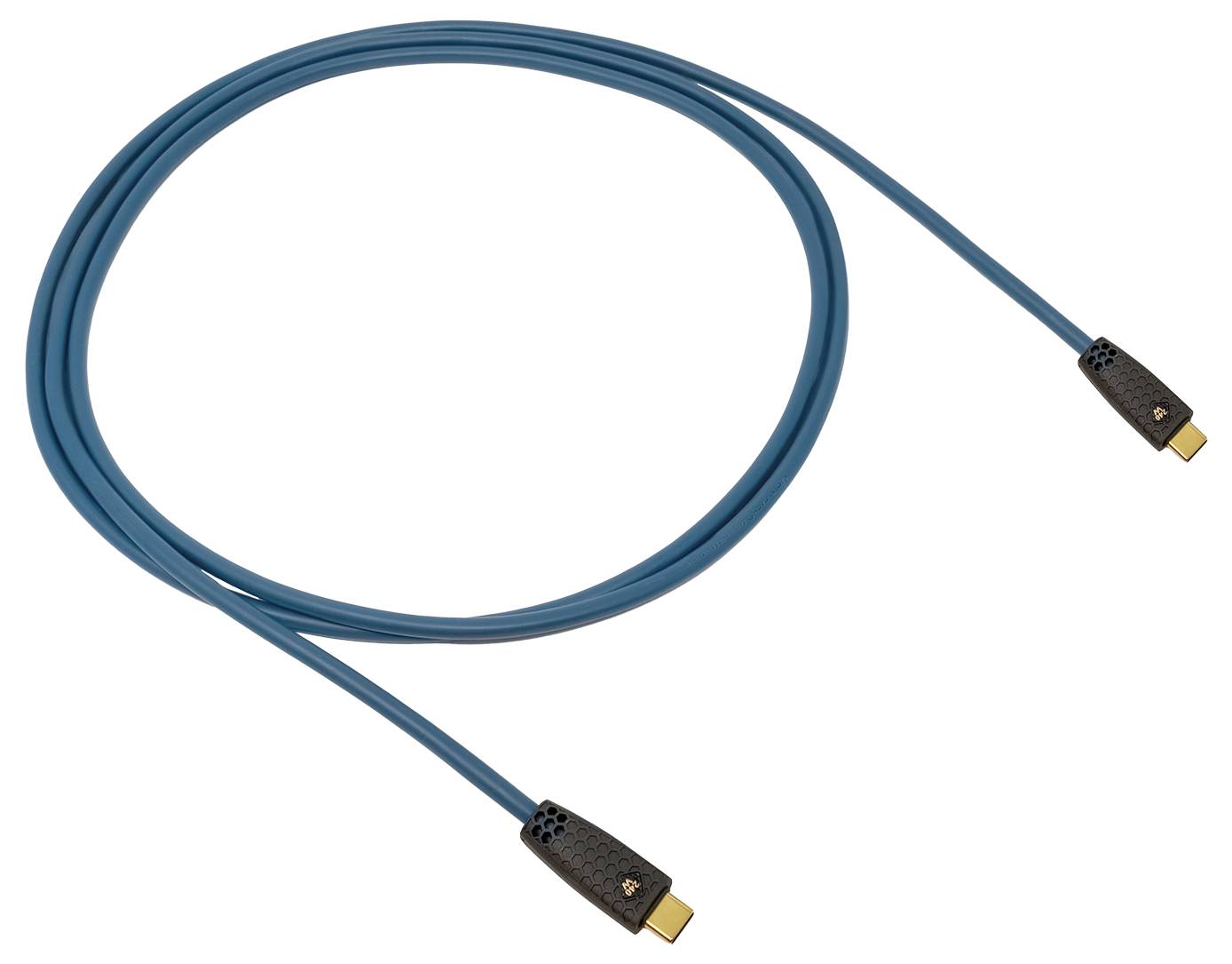 Ein blaues HDMI-Kabel mit vergoldeten Anschlüssen, zu einer Schleife gewickelt.