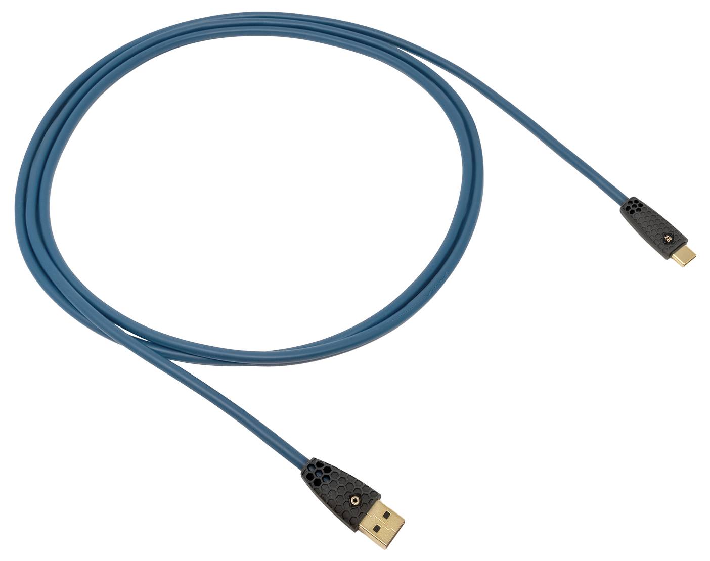 Ein blauer USB-Kabel mit schwarzen Anschlüssen, der an einem Ende einen USB-A-Stecker und am anderen Ende einen USB-B-Mini-Stecker aufweist.