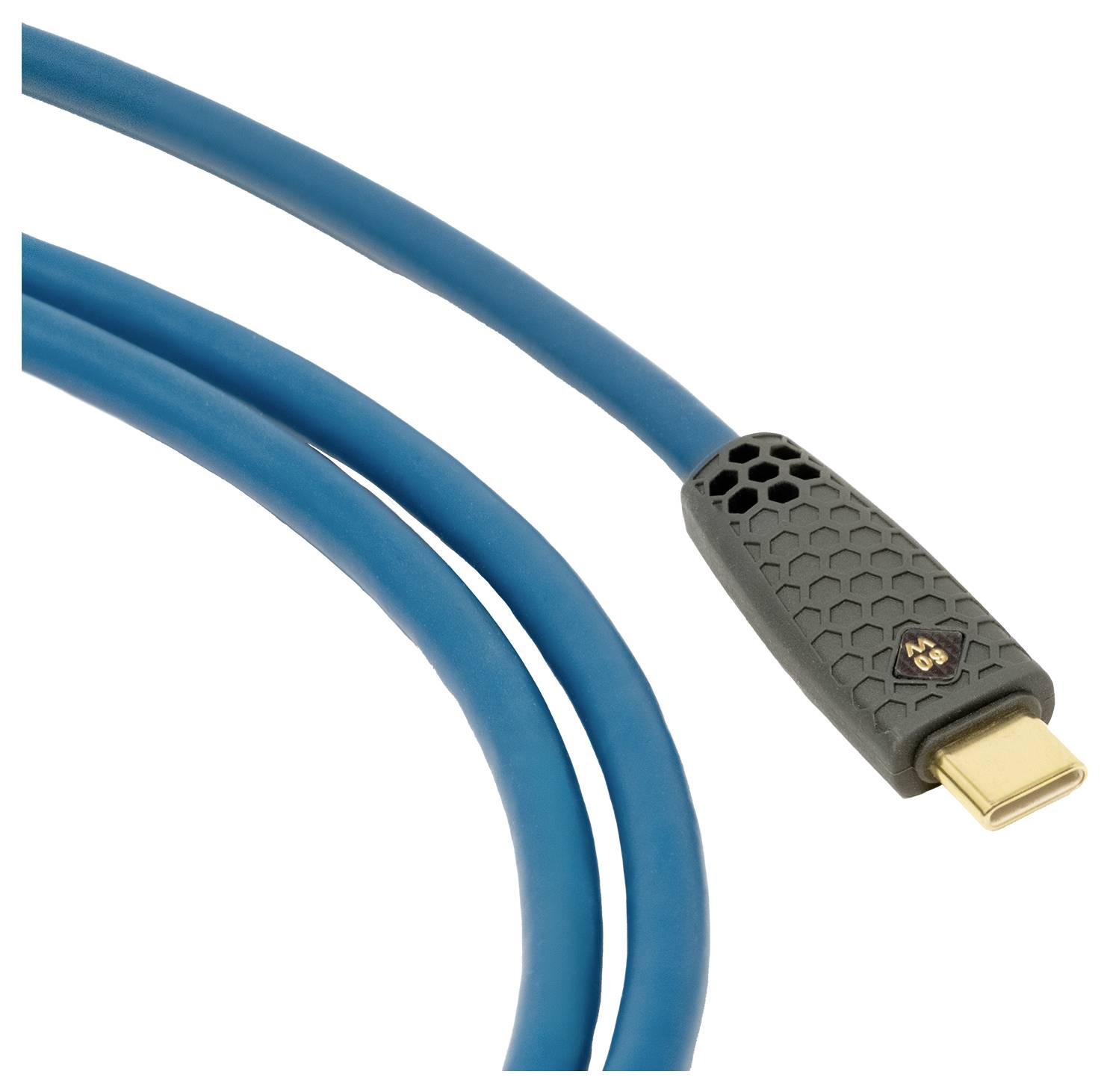 Ein Nahaufnahmebild eines blauen HDMI-Kabels mit einem goldenen Anschluss und einem strukturierten Griffdesign.