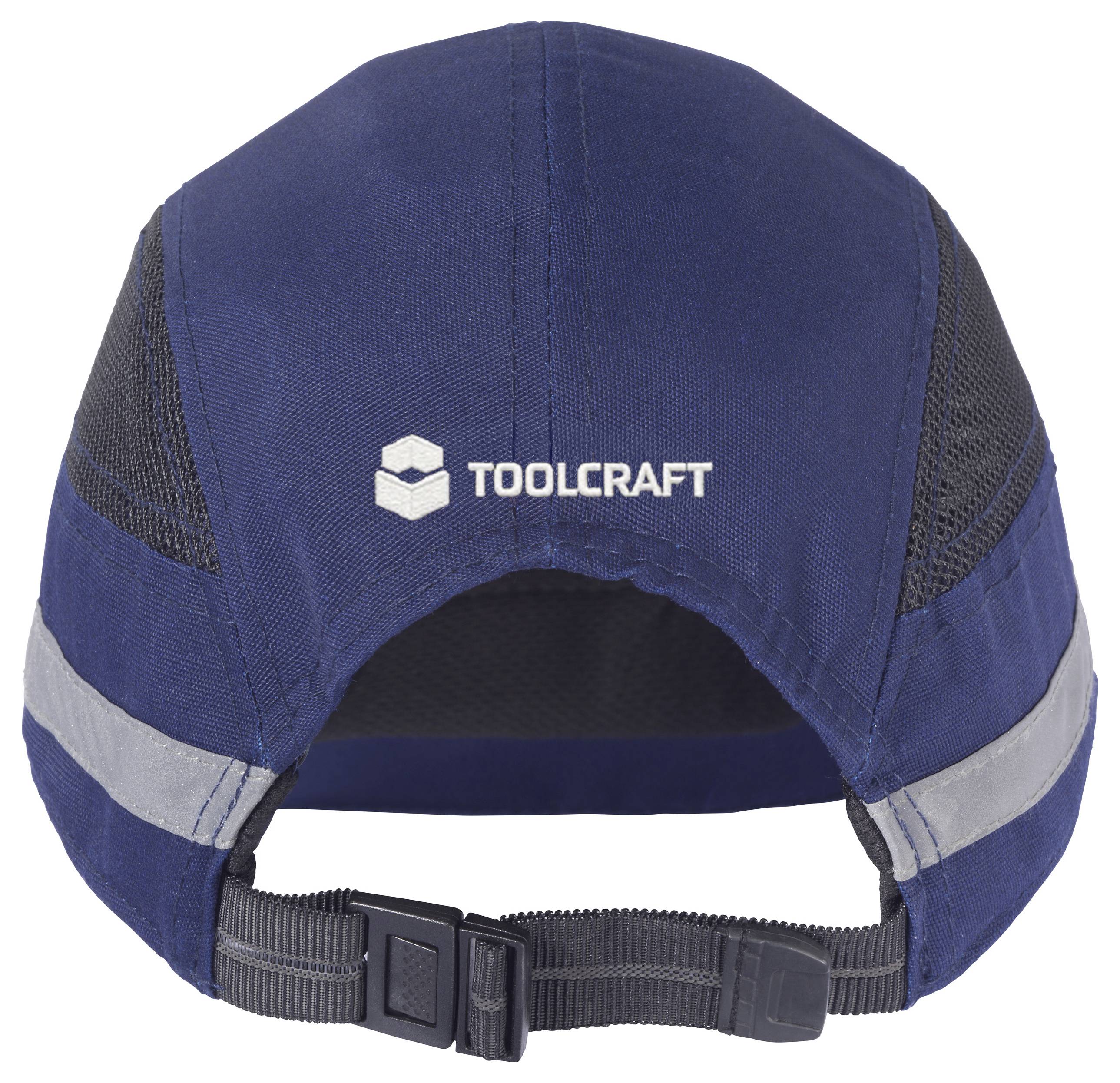 Eine blaue Kappe mit Mesh-Panels und reflektierendem Streifen, die das Logo „TOOLCRAFT