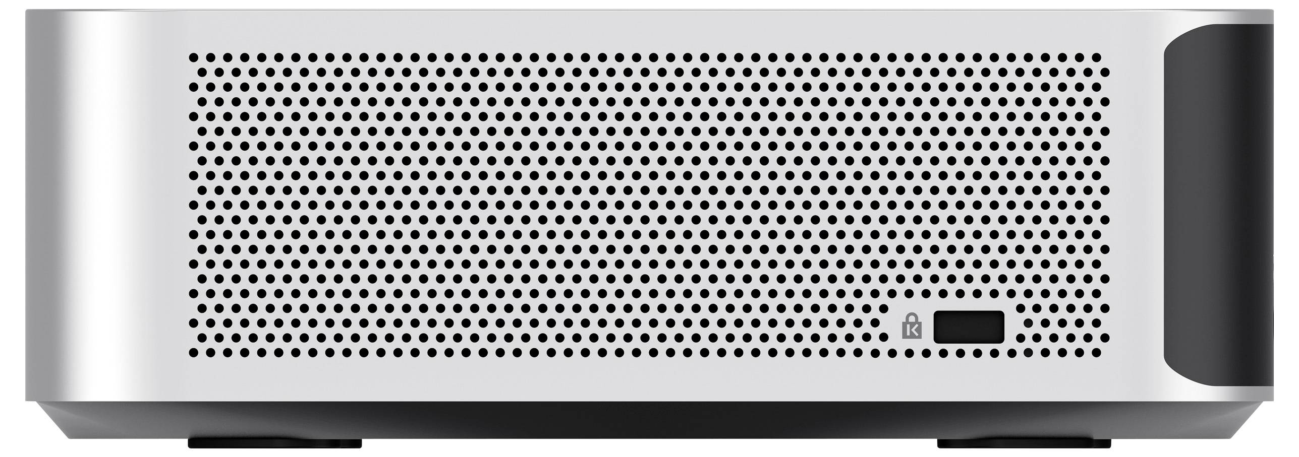 Ein silberner elektronischer Apparat mit durchlochtem Frontpanel, versehen mit einem kleinen Schloss-Symbol und einem Knopf in der unteren rechten Ecke.