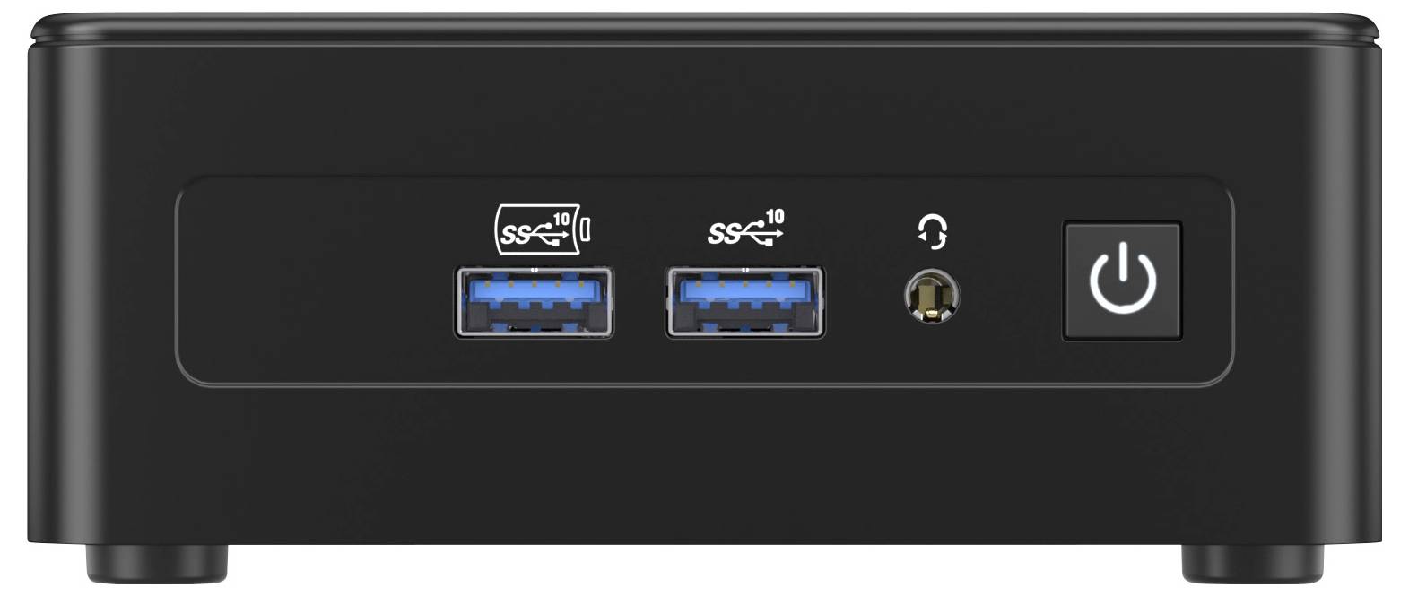 Ein kompaktes schwarzes elektronisches Gerät mit zwei USB-Anschlüssen, Audioeingang und Einschaltknopf auf der Frontplatte.