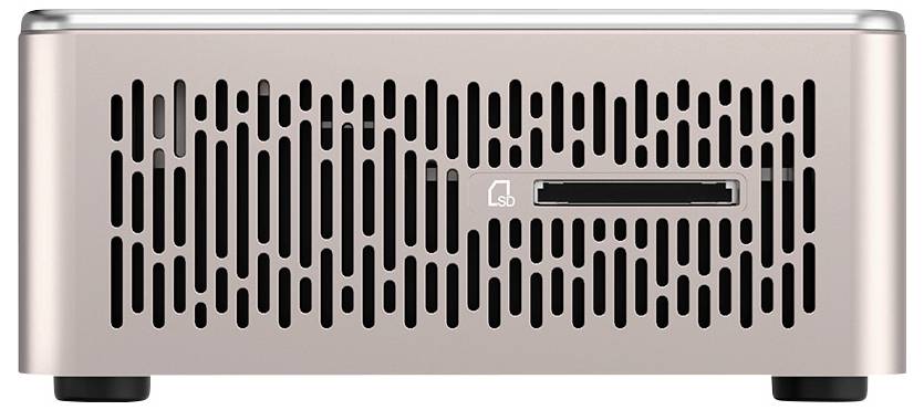 Ein kompaktes, goldfarbenes elektronisches Gerät mit vertikalen und horizontalen Belüftungsschlitzen an der Vorderseite und einem USB-Anschluss.