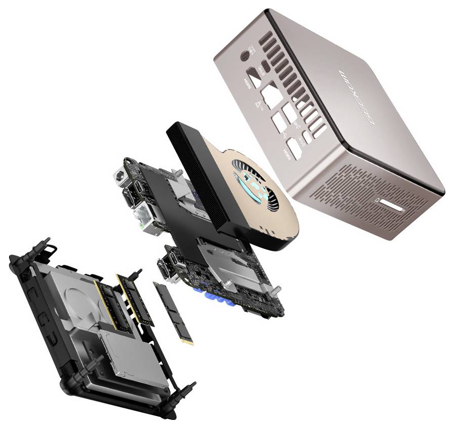 Explosionszeichnung der Komponenten eines Mini-Computers, einschließlich des Gehäuses, Lüfters, Mainboards, RAMs und einer SSD, die die interne Struktur hervorhebt.