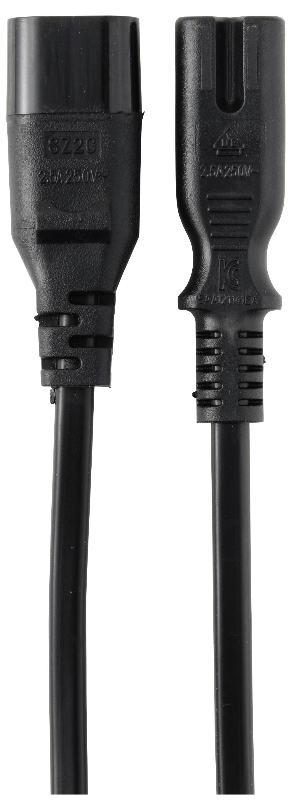 Schwarzer zweipoliger Stromkabelstecker und passendes Buchsenelement nebeneinander auf weißem Hintergrund dargestellt.
