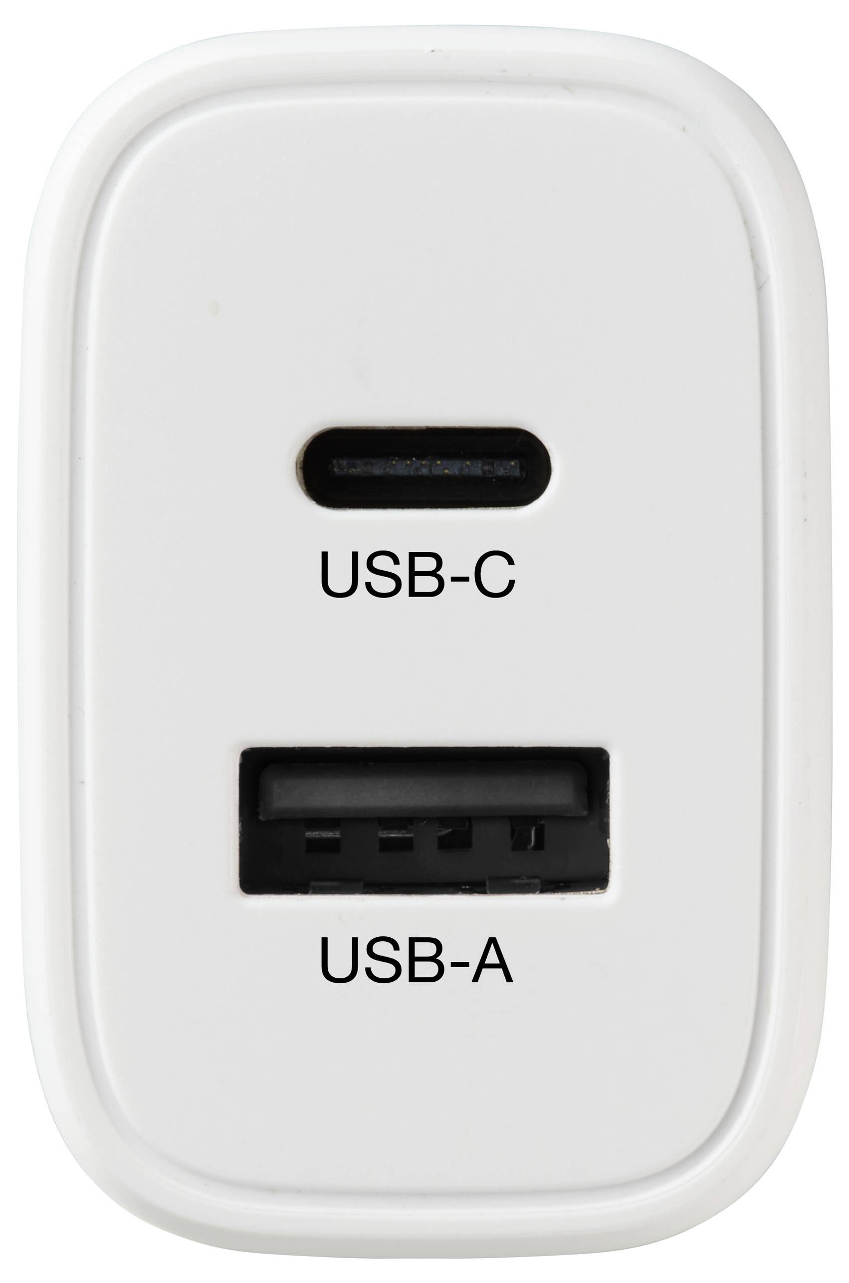 Ein weißer Wandadapter mit USB-C- und USB-A-Anschlüssen, die entsprechend gekennzeichnet sind.