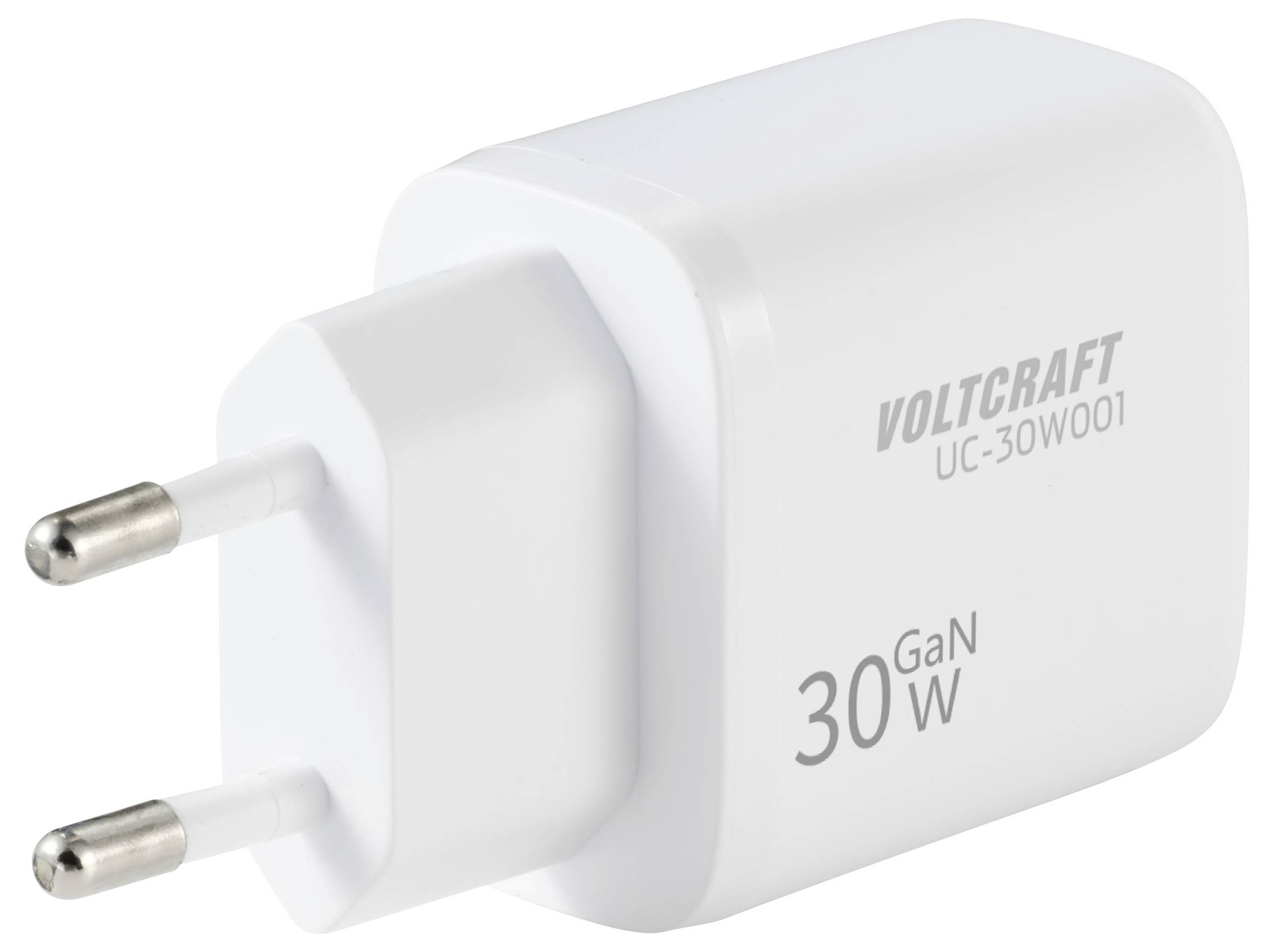 Ein weißes 30-W-GaN-Ladegerät von Voltcraft mit europäischen Steckerkontakten, mit der Bezeichnung „UC-30W001