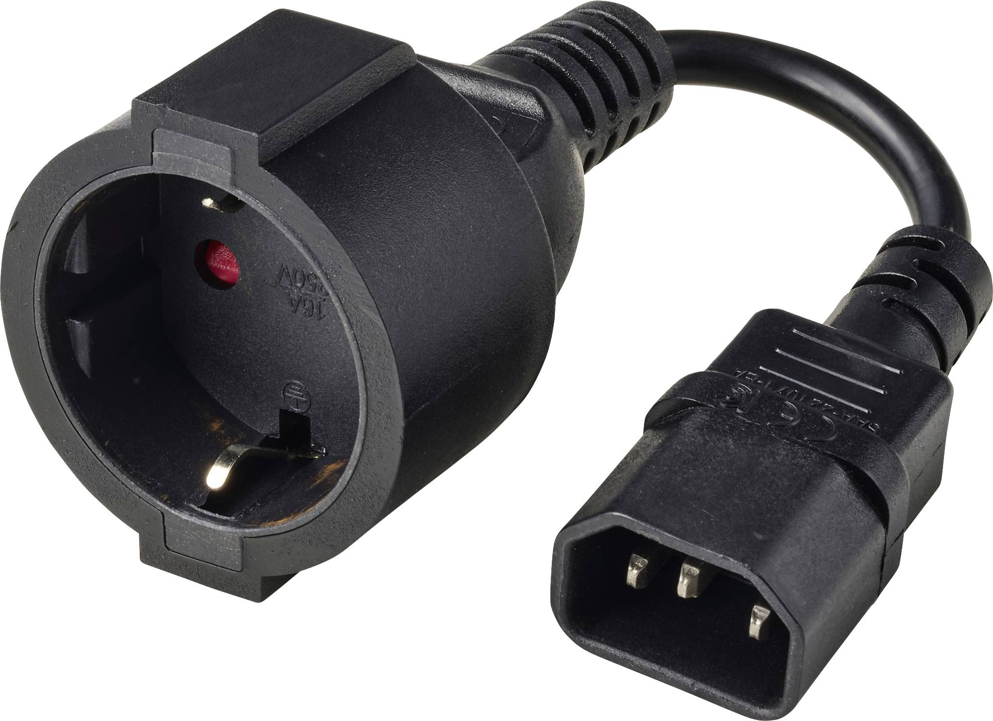 Schwarzes Stromadapterkabel mit einer runden Buchse im europäischen Stil auf der einen Seite und einem dreipoligen IEC-Stecker auf der anderen Seite.