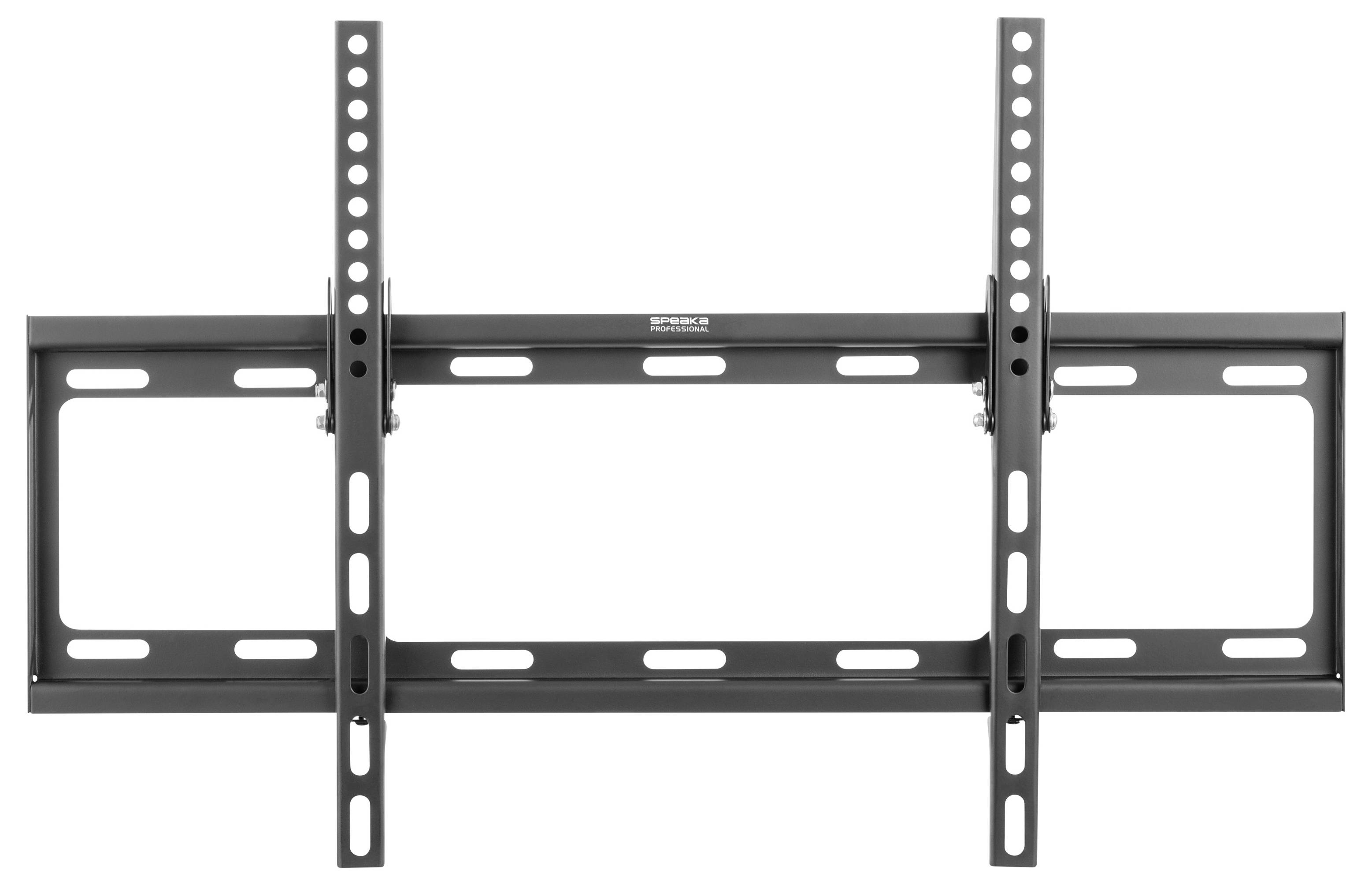 Eine Wandhalterung für Flachbildfernseher, die entwickelt wurde, um Fernseher sicher an der Wand zu befestigen. Sie verfügt über verstellbare Halterungen und Befestigungsschlitze.