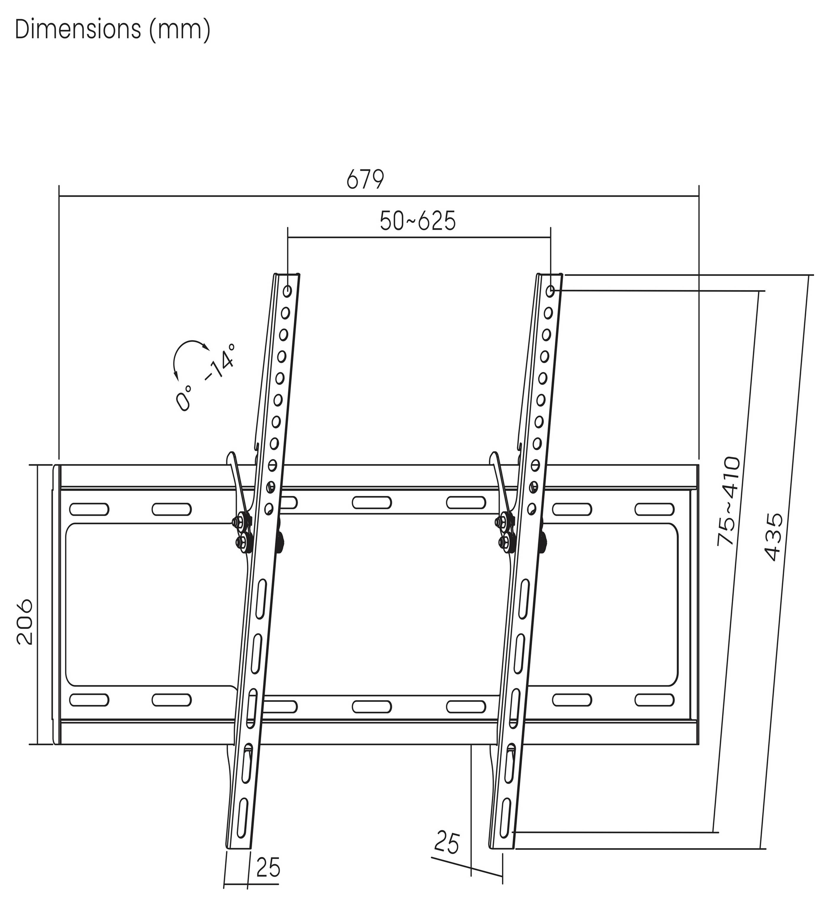 Diagramm der Abmessungen einer Wandhalterung in Millimetern; Breite 679, Höhe verstellbar von 75 bis 430, Neigungswinkel verstellbar 0° bis 14°.