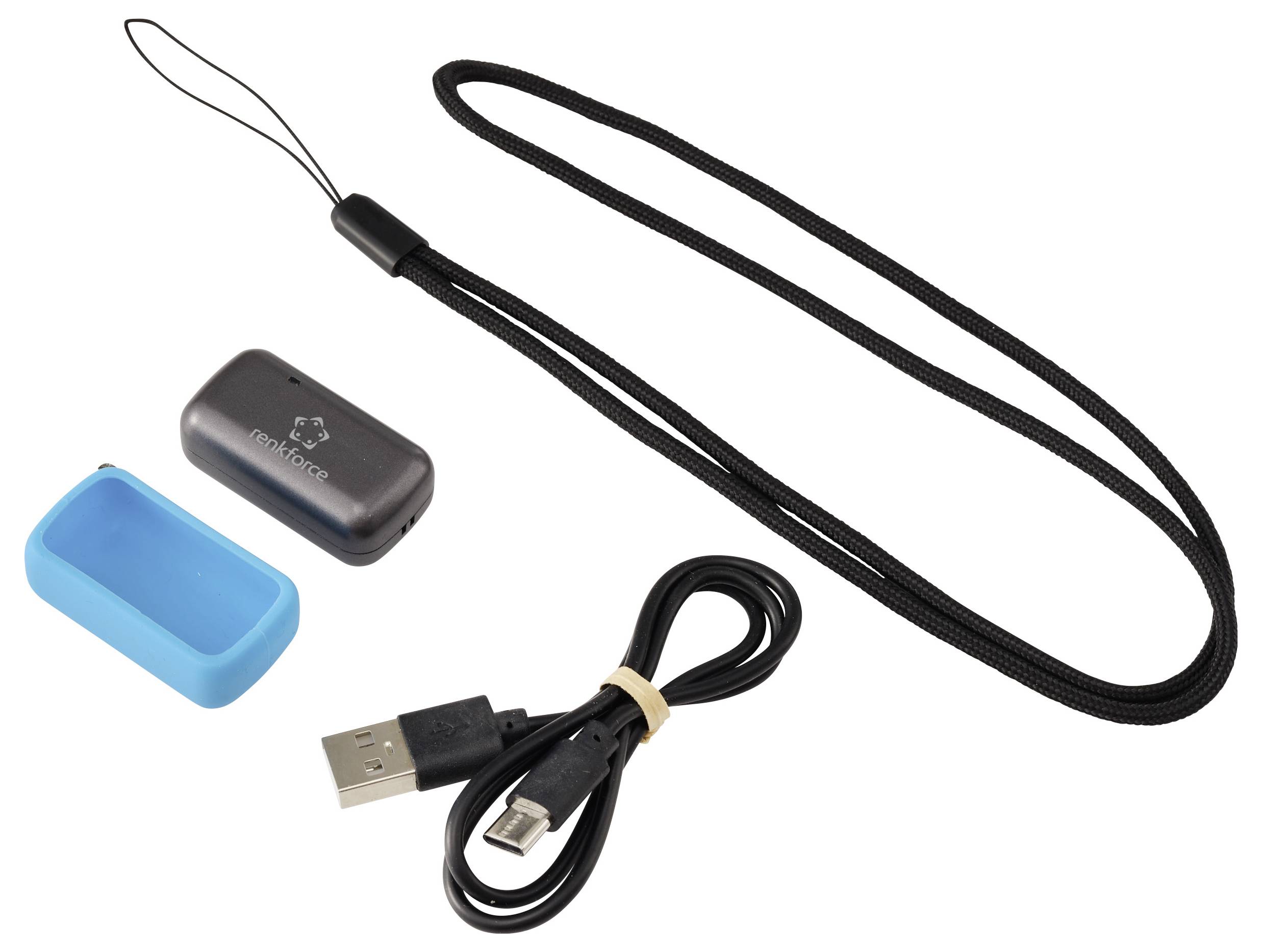 USB-Lade-/Datenkabel mit Handschlaufe, schwarze Schutzkappe und blaue Silikonhülle auf weißem Hintergrund.