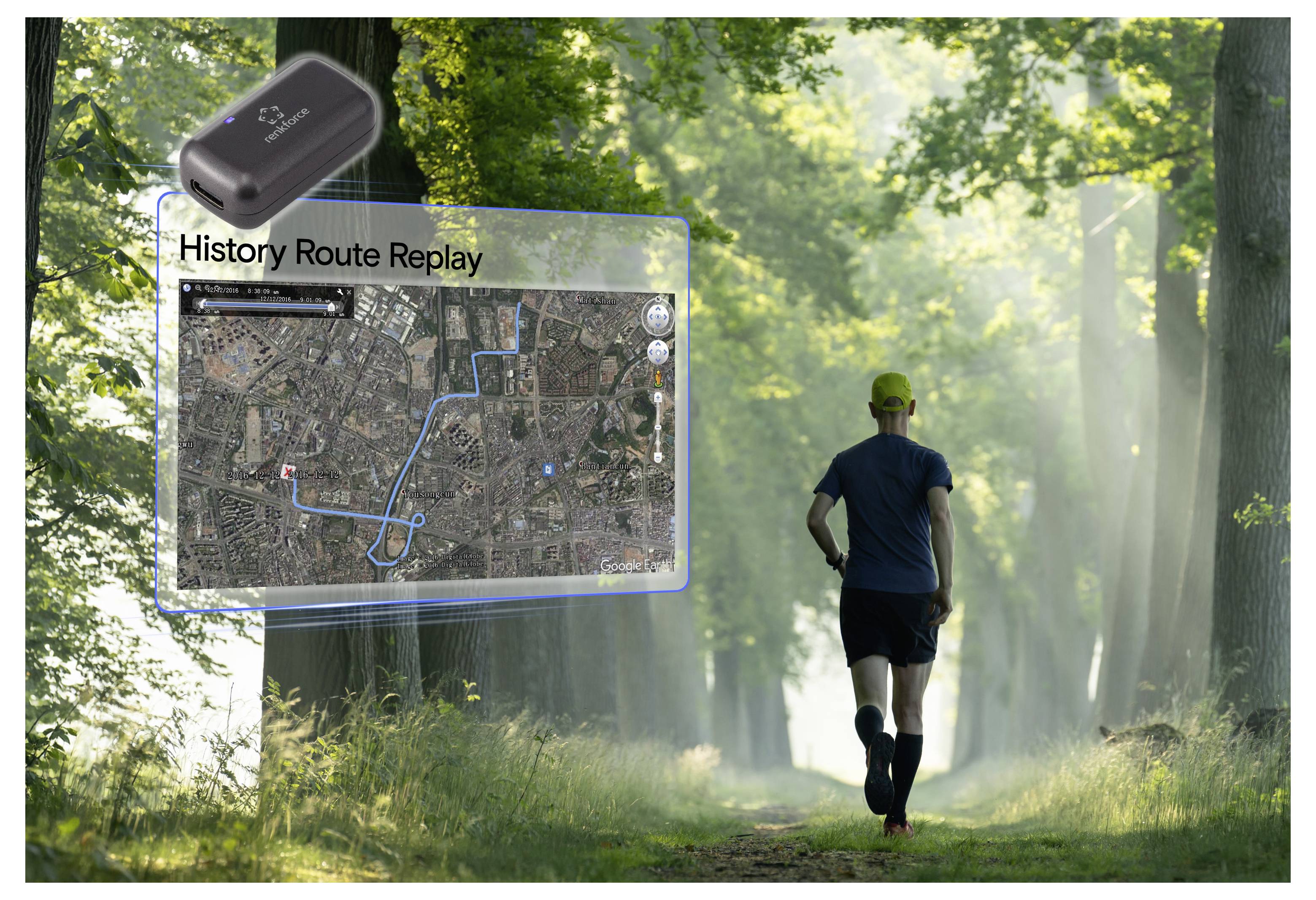 Ein Läufer joggt einen bewaldeten Pfad hinunter, während eine transparente GPS-ähnliche Überlagerung eine „Verlaufsrouten-Wiedergabe