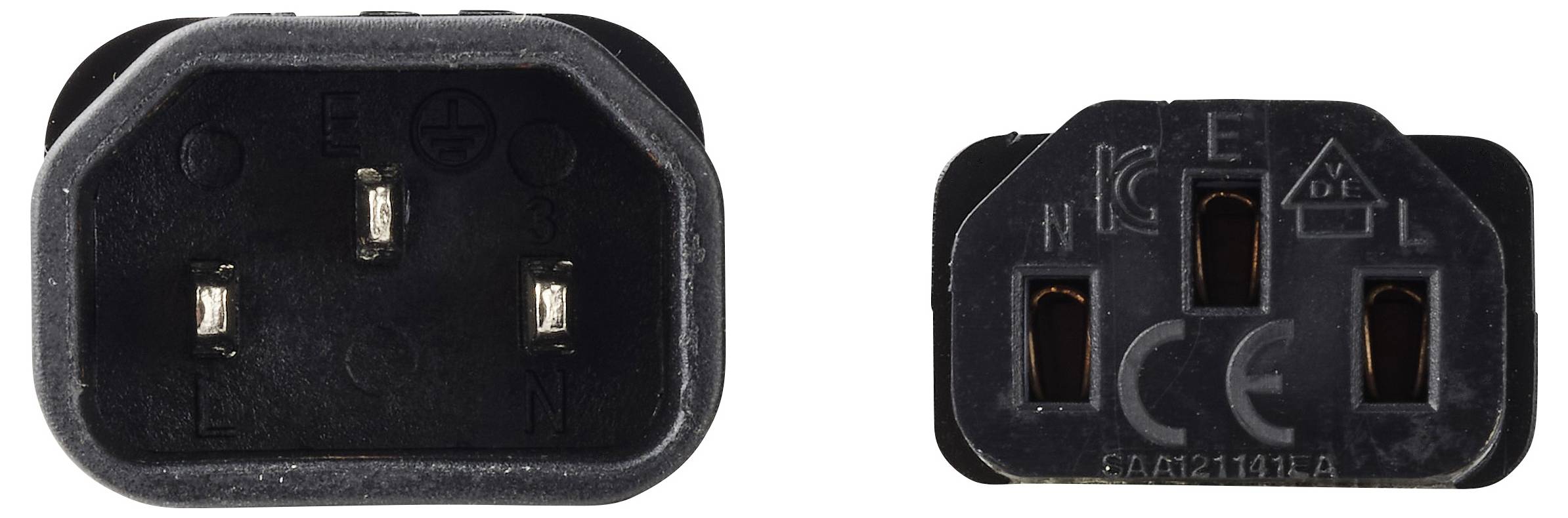 IEC-Stromeingangs- und Stromausgangsstecker, Vorder- und Rückansichten einer computergestylten Wechselstromsteckdose und eines Steckers.