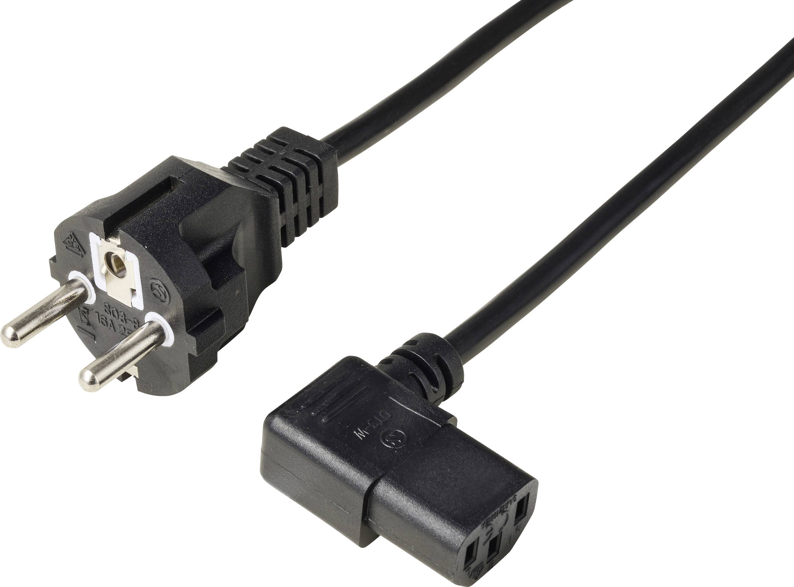 Schwarzes Stromkabel mit europäischem Zweipolstecker auf der einen Seite und IEC-C13-Gerätestecker auf der anderen Seite, dargestellt auf weißem Hintergrund.