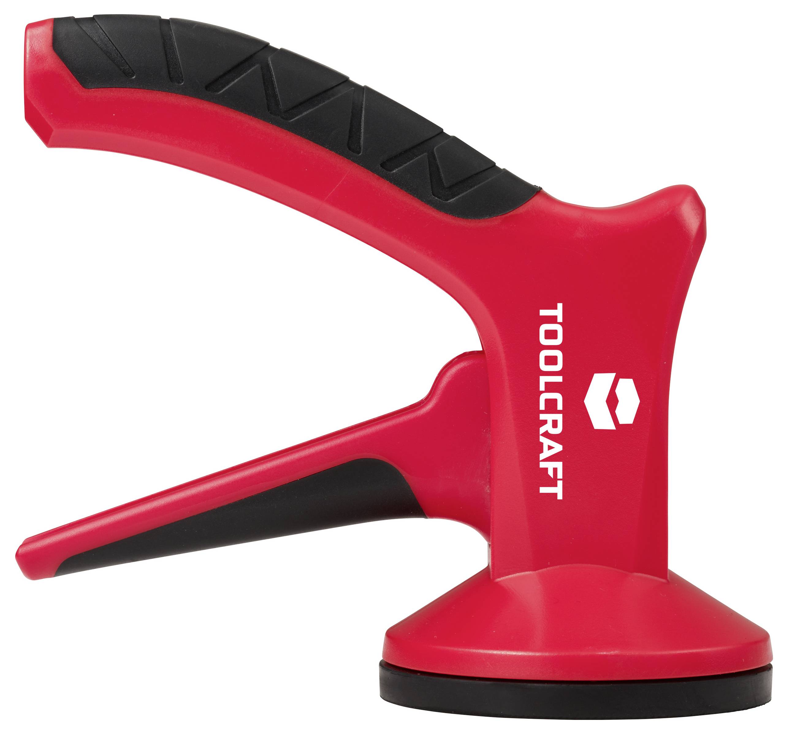 Ein rot und schwarz gefärbter TOOLCRAFT Glasheber mit Saugnapf, entwickelt zum sicheren Handhaben und Heben von Glas.