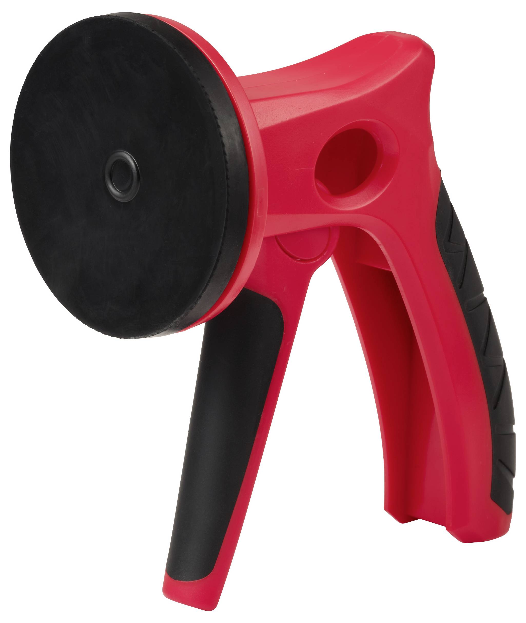 Ein rot-schwarzer Saugnapfgriff mit ergonomischem Griff, verwendet zum Heben oder Positionieren von flachen Oberflächen wie Glas oder Fliesen.
