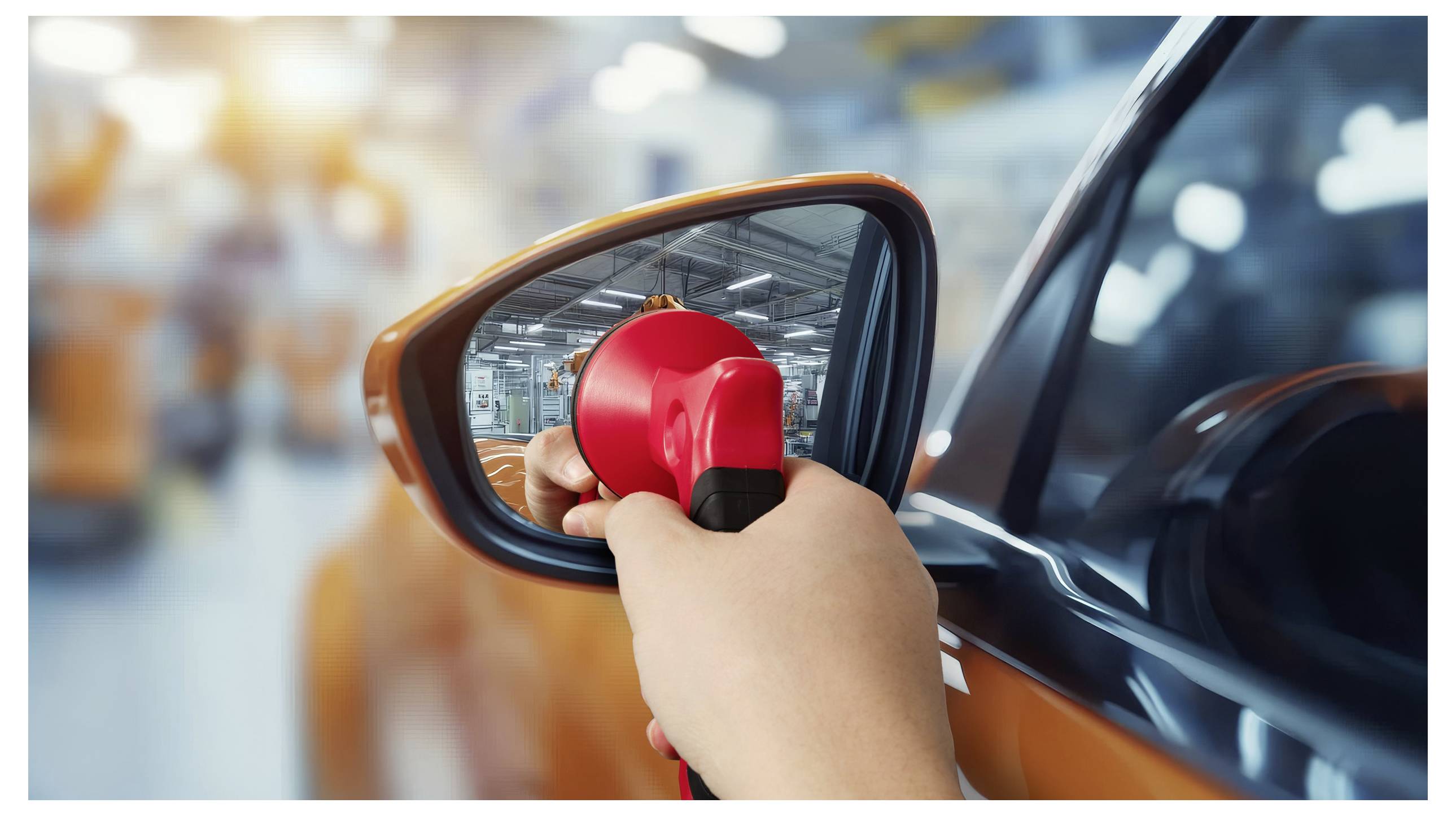 Eine Person hält einen Akkubohrer vor einem Seitenspiegel eines orangefarbenen Autos und reflektiert eine unscharfe Industrieanlage im Hintergrund.
