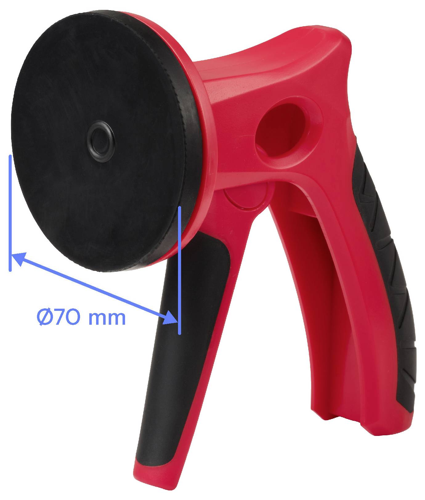 Rotes Saugwerkzeug mit schwarzem Gummipad, 70 mm Durchmesser, zum Greifen und Anheben glatter Oberflächen konzipiert.