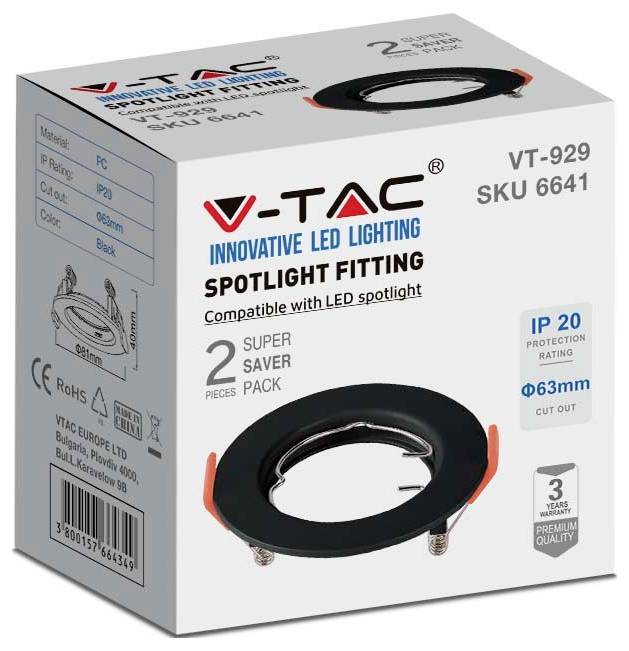 V-TAC Innovative LED-Beleuchtungs-Einbaustrahler, Artikelnummer 6641. Merkmale umfassen IP20-Schutz, 63 mm Ausschnitt, 2er-Pack.