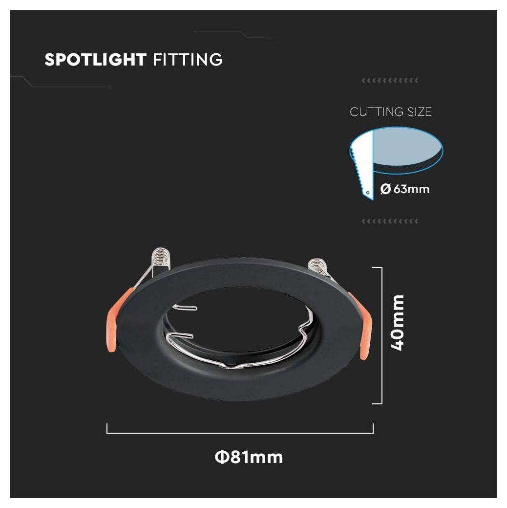 Einbauleuchte mit den Abmessungen: Durchmesser 81 mm, Höhe 40 mm. Ausschnittgröße angegeben als Durchmesser 63 mm, mit blauem Kreisdiagramm.