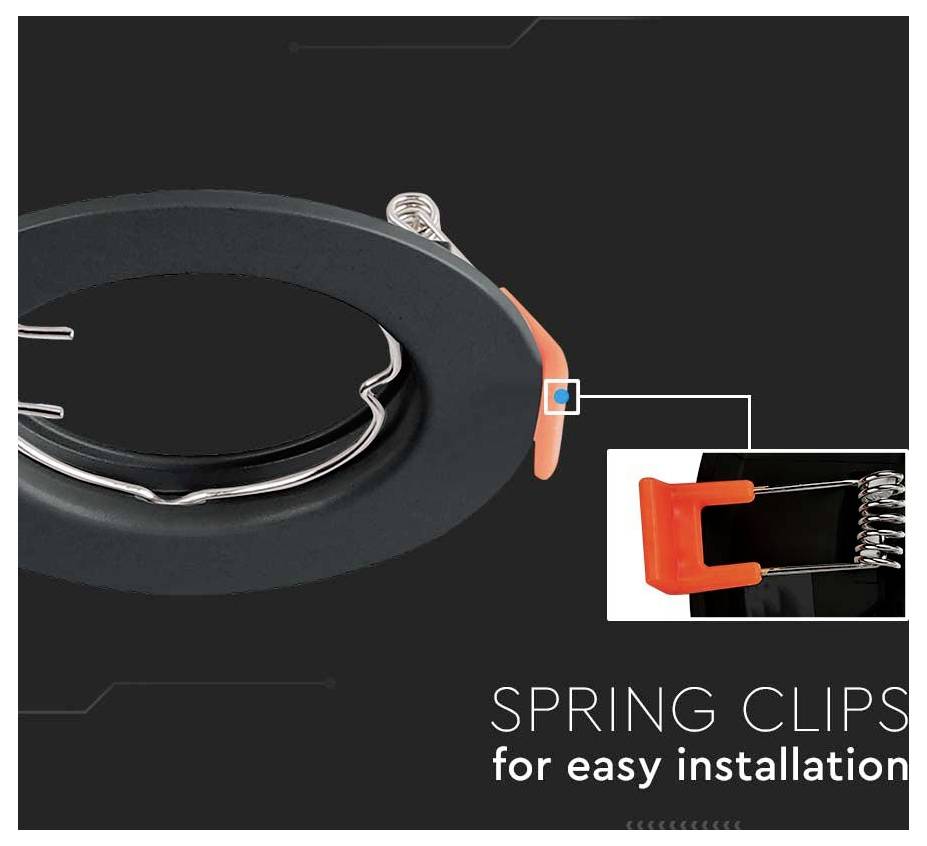 Federnde Clips für einfache Installation, gezeigt mit einer Nahaufnahme eines Clips und Befestigungsmechanismus auf schwarzem Hintergrund.