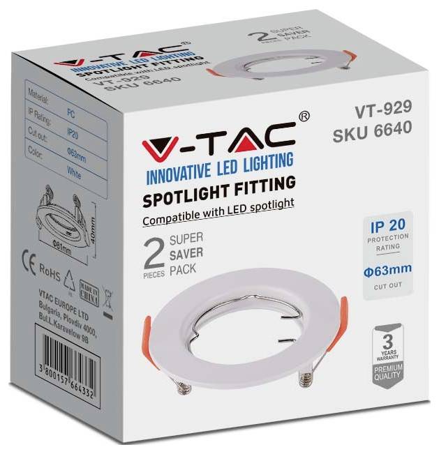 V-TAC Einbaustrahler, kompatibel mit LED-Spotlicht, IP20, 63mm Ausschnitt, 2er-Pack. Inklusive Produktbild und Spezifikationen.