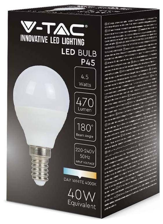 V-TAC LED-Birne mit Verpackungsangaben: 4,5 Watt, 470 Lumen, Abstrahlwinkel 180 Grad; entspricht 40W, 220-240V, Tageslicht-Weiß 4000K.