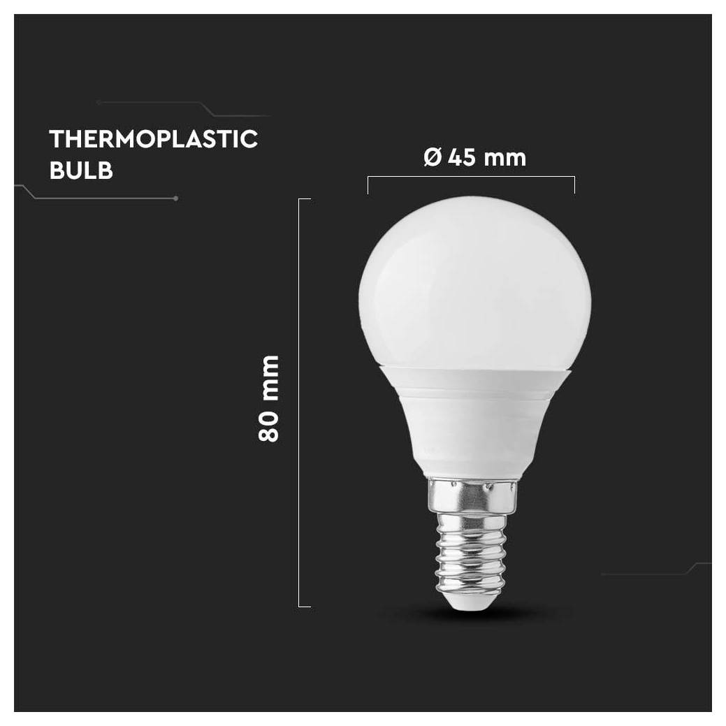 Thermoplastische Glühbirne: Ø 45 mm, Höhe 80 mm.